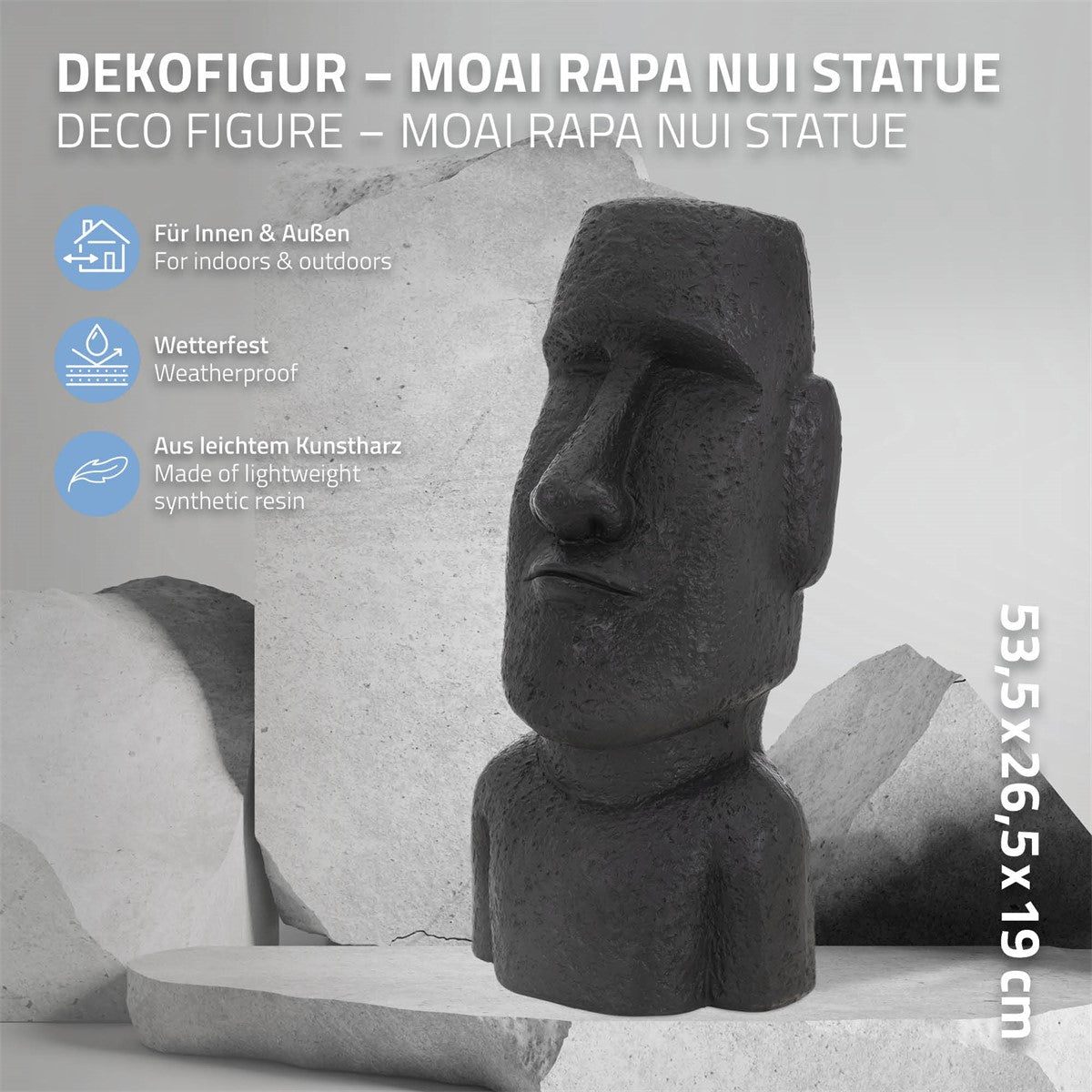 Socha Moai Rapa Nui ze syntetické pryskyřice, odolná vůči povětrnostním vlivům, s uvedenými rozměry.