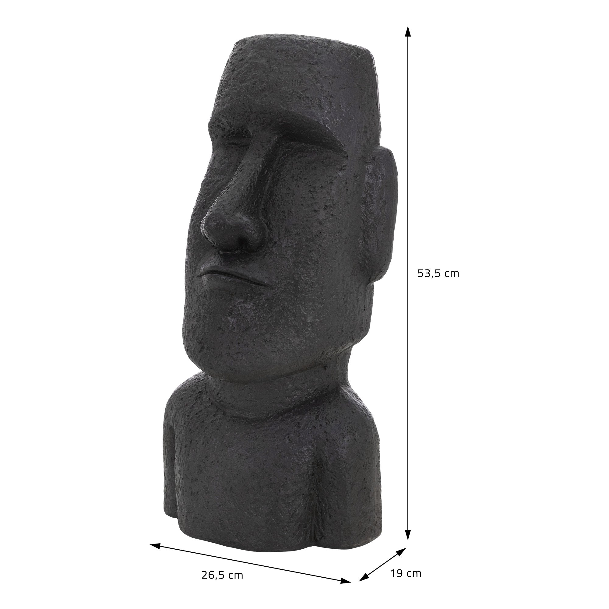 Schwarze Moai-Statue mit Maßen, die auf einem weißen Hintergrund dargestellt ist.