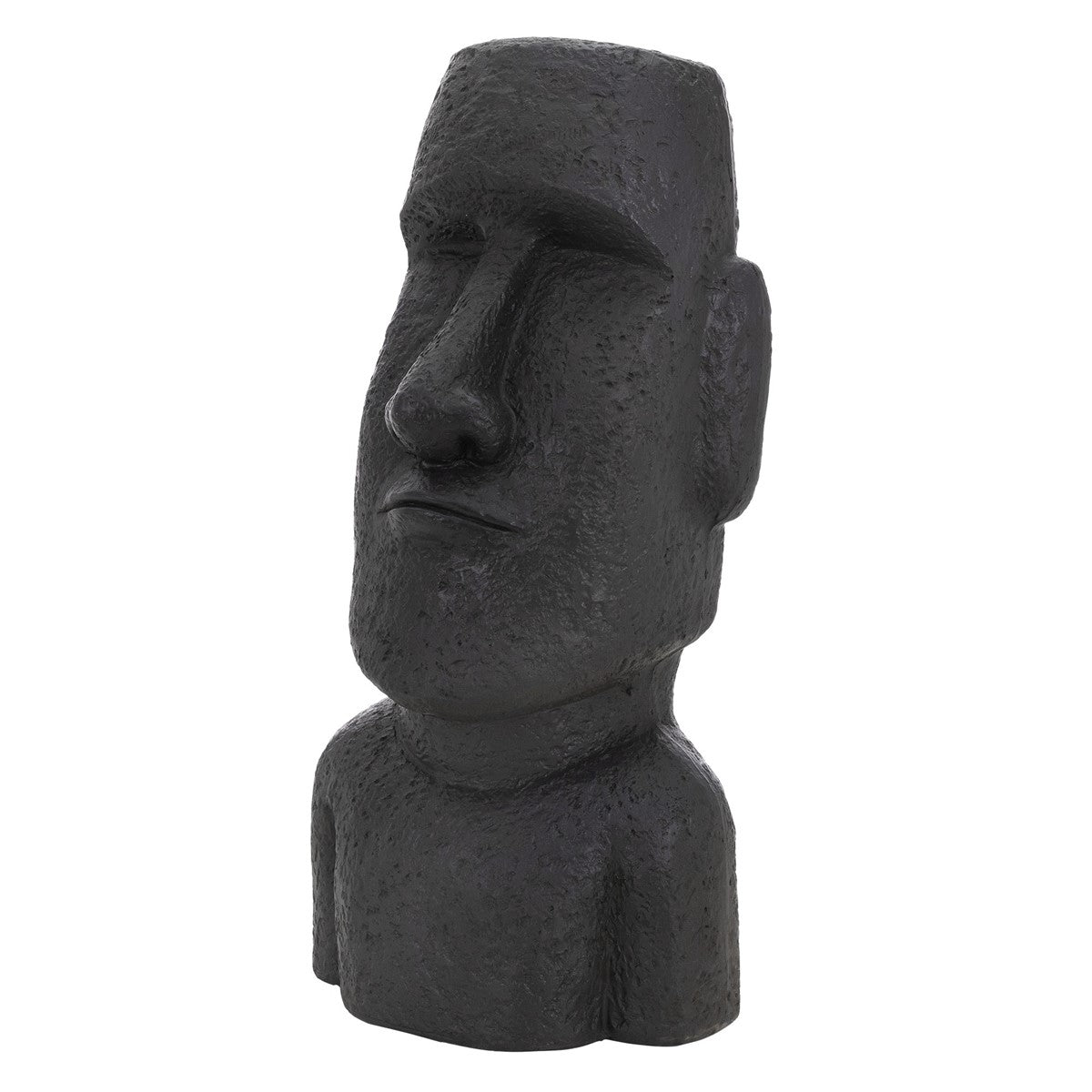 Black Moai statue with a detailed surface and neutral background.