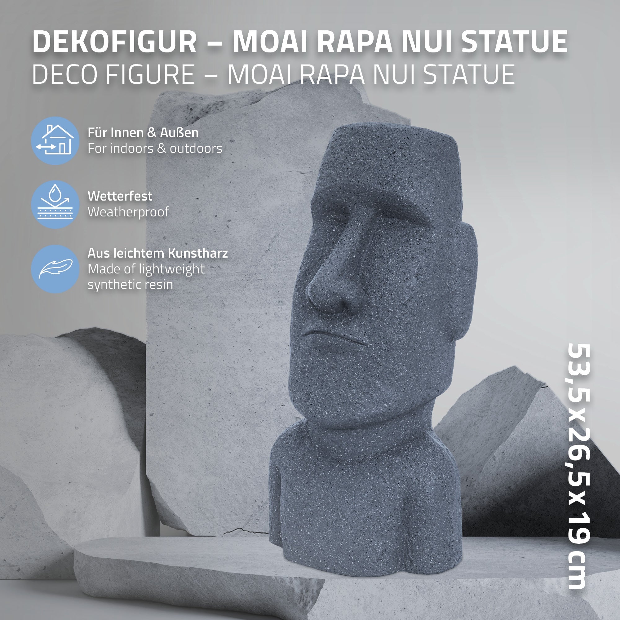 Dekorative Moai Rapa Nui Statue aus leichtem Kunstharz, wetterfest.