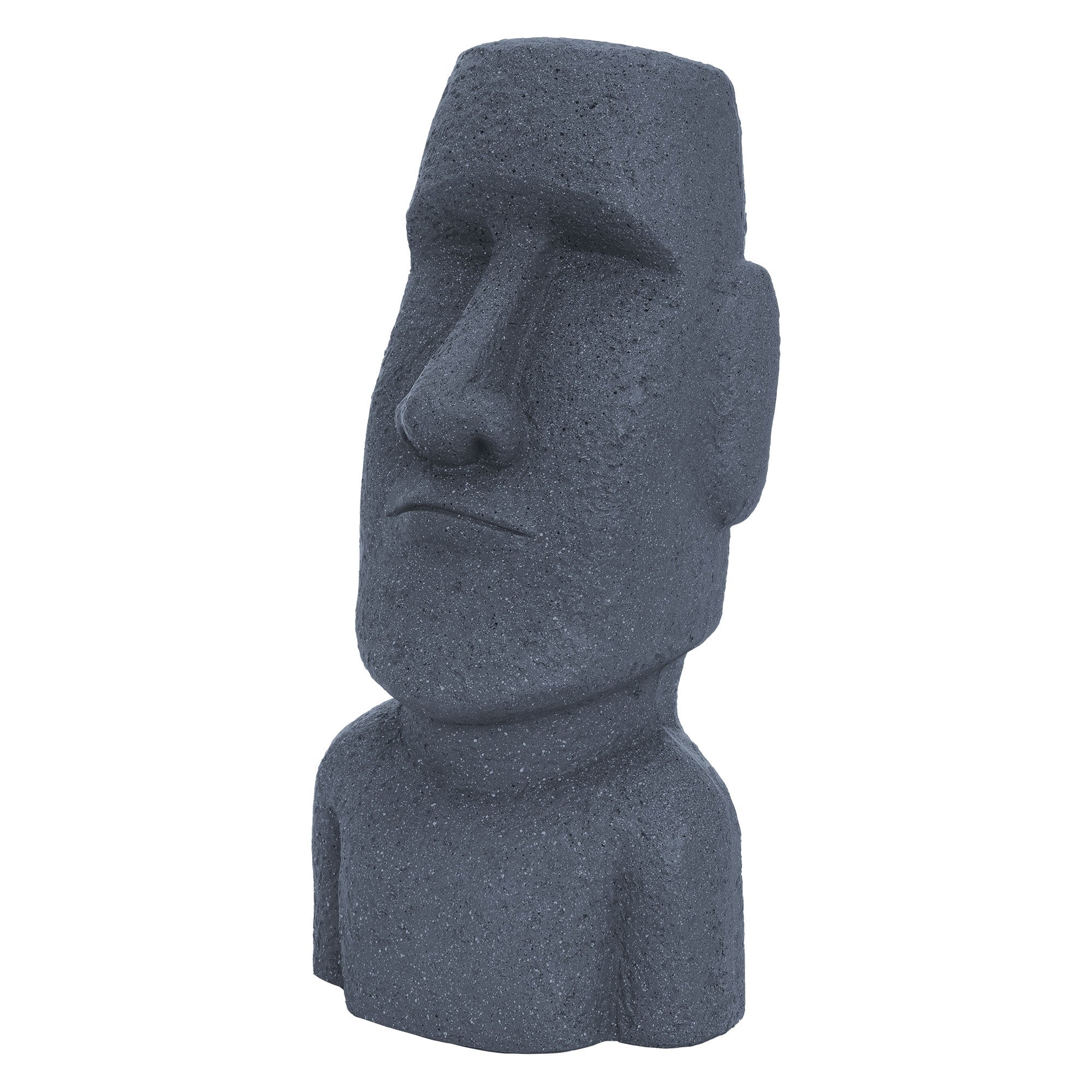 Dunkle Moai-Statue auf weißem Hintergrund.