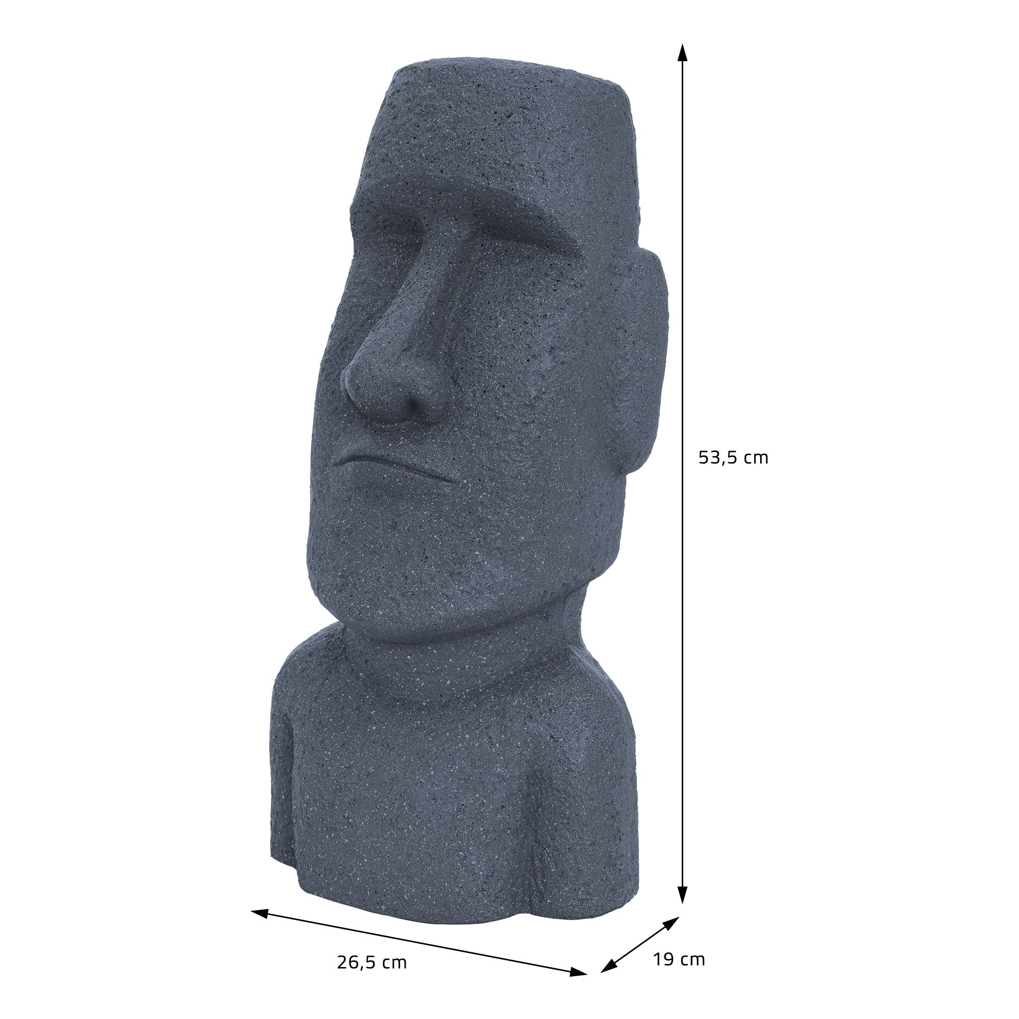Dunkle Statue eines Moai mit Maßen in cm.