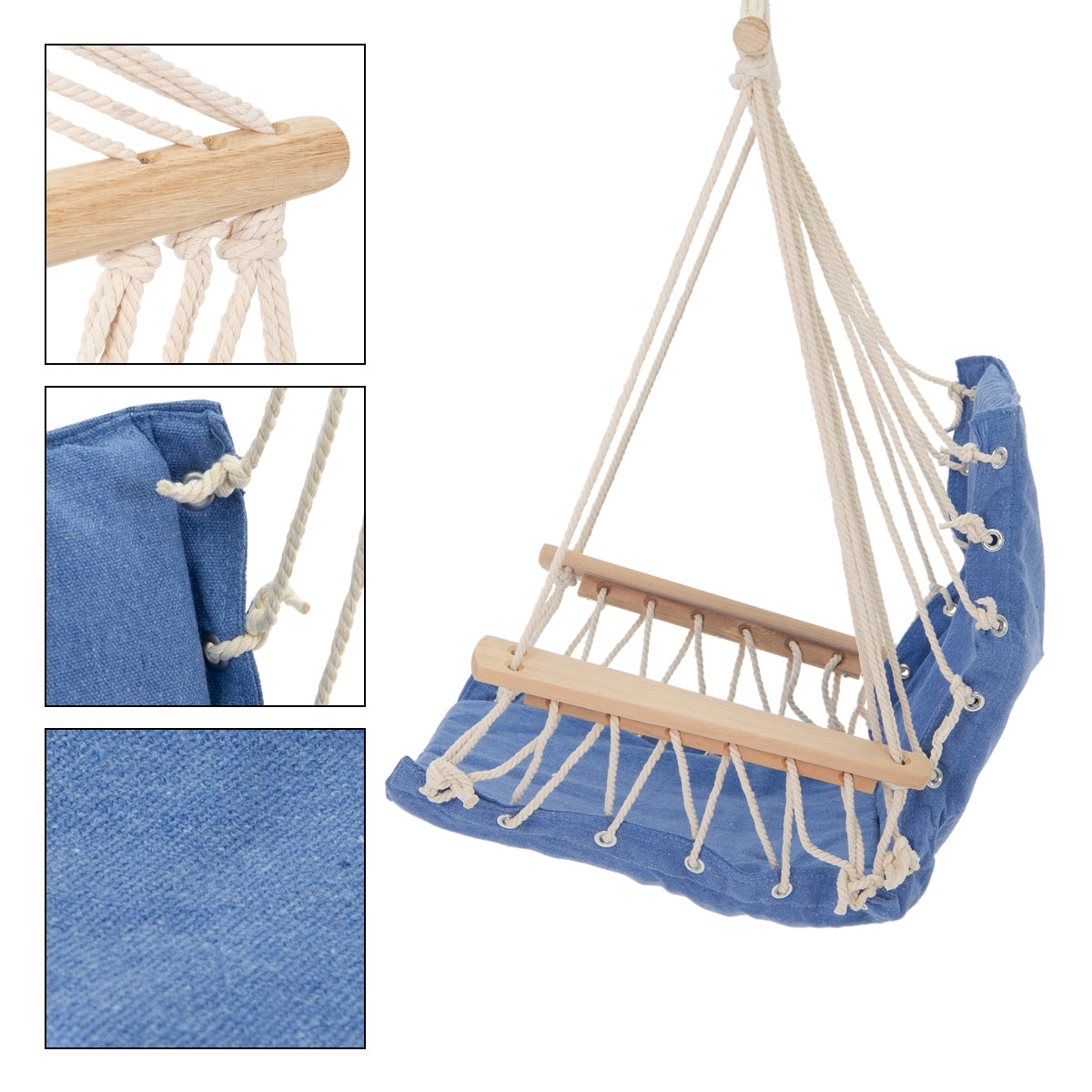 Hängesessel in Blau mit Holzstange, Seilbefestigungen und Detailansicht.