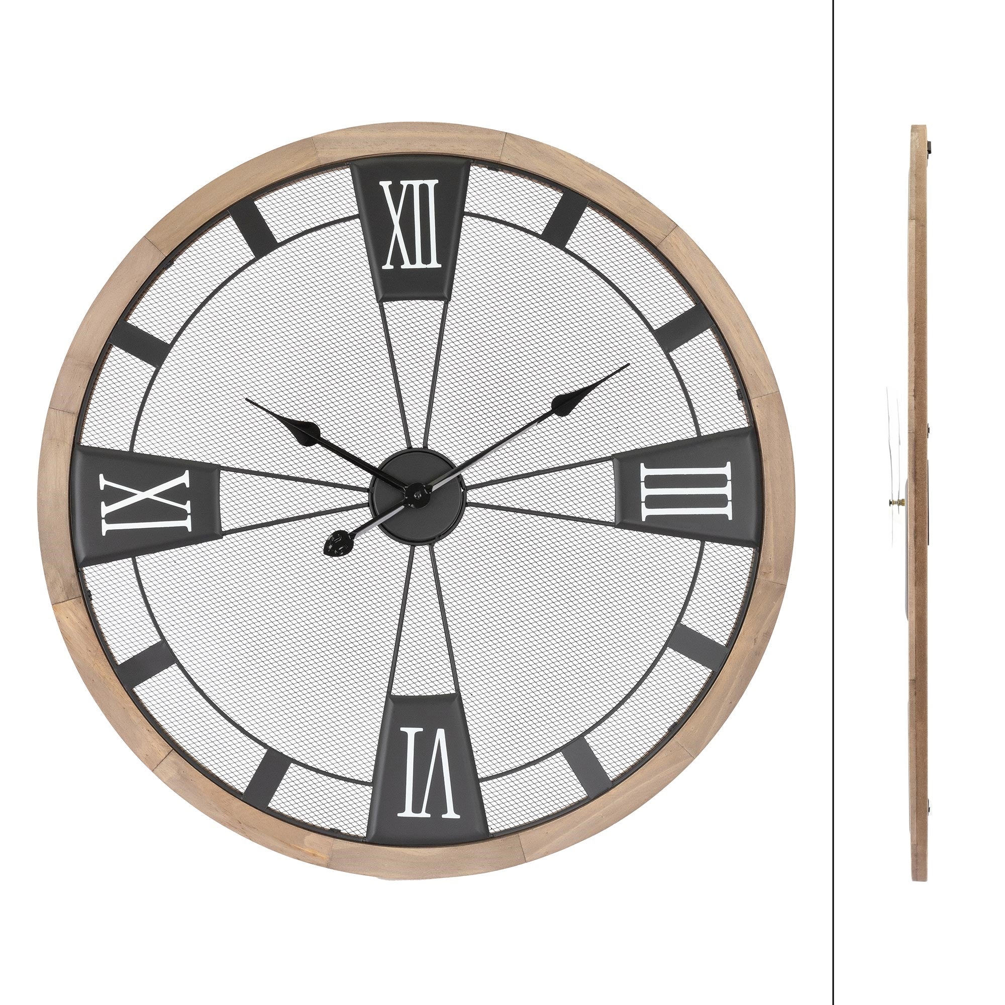 Runde Wanduhr mit römischen Ziffern und einem Holzrahmen.