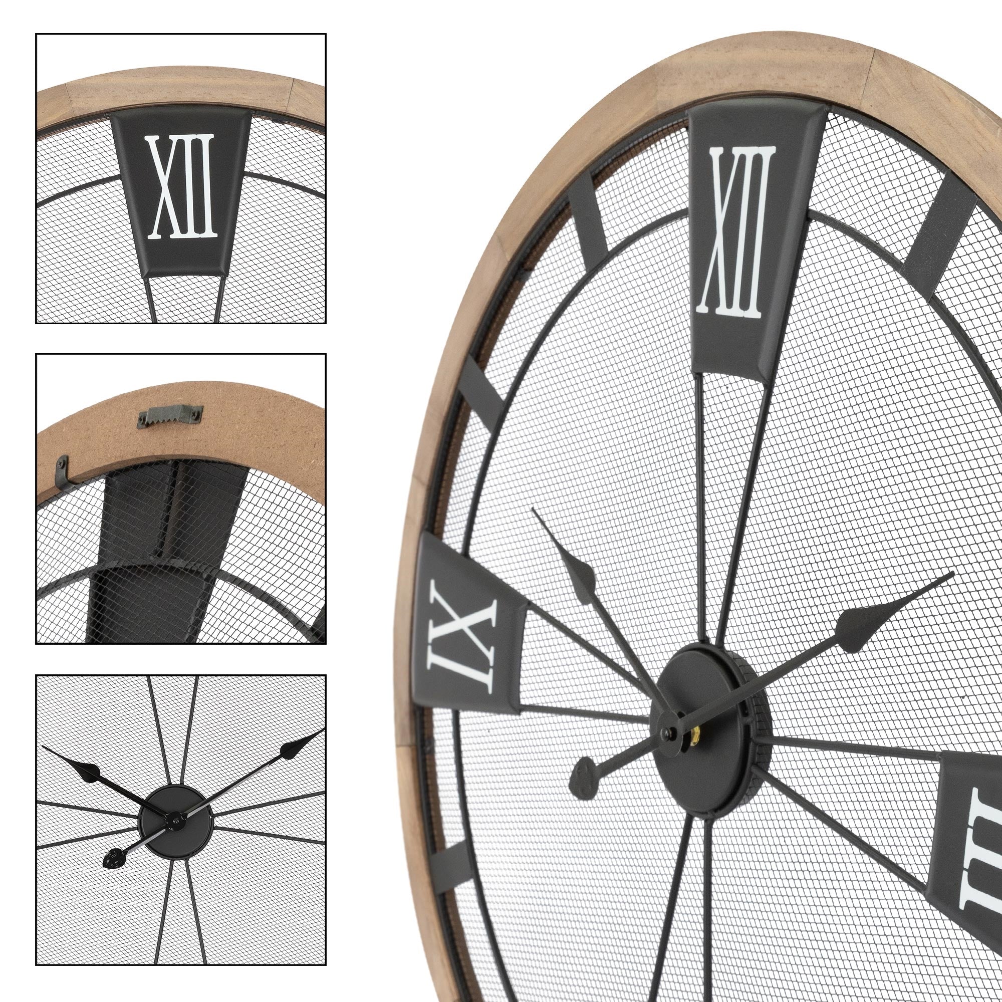 Wanduhr mit Holzrahmen, römischen Ziffern und schwarzem Ziffernblatt.