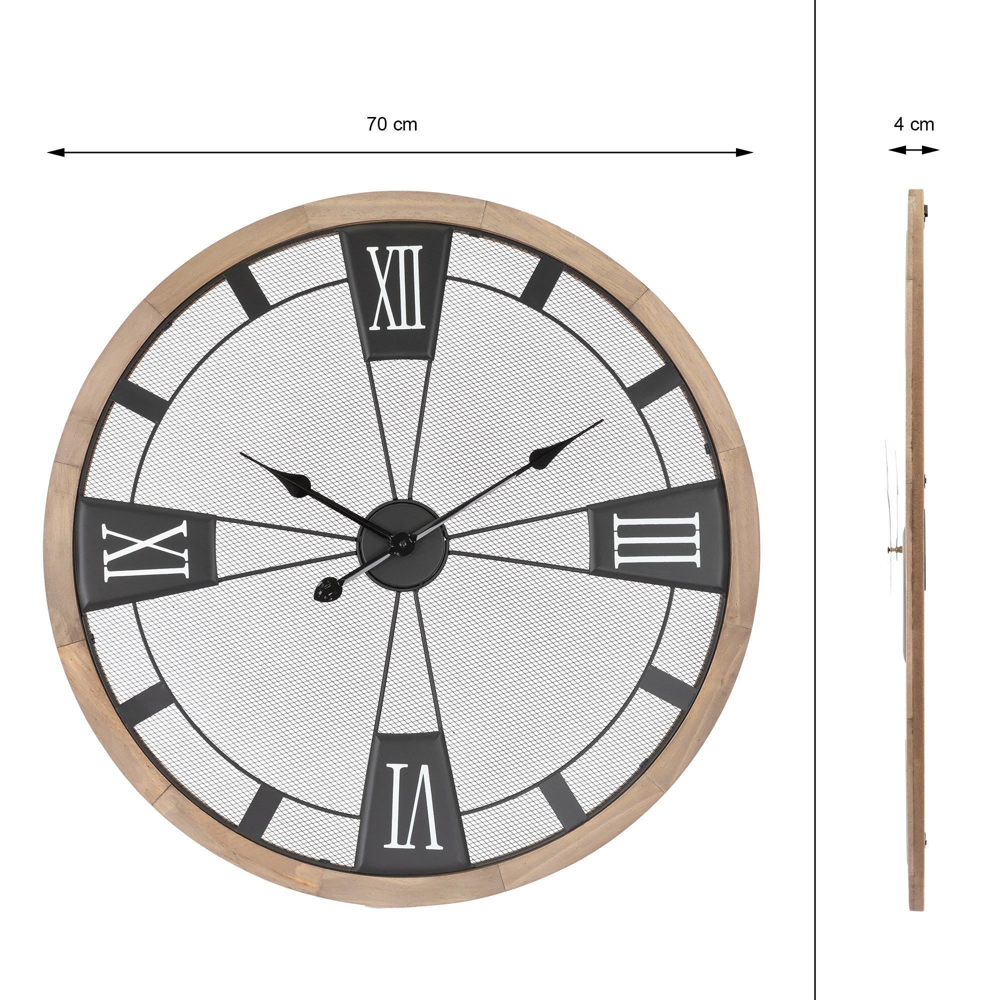 Runde Wanduhr mit römischen Ziffern, Durchmesser 70 cm, Holzrahmen.
