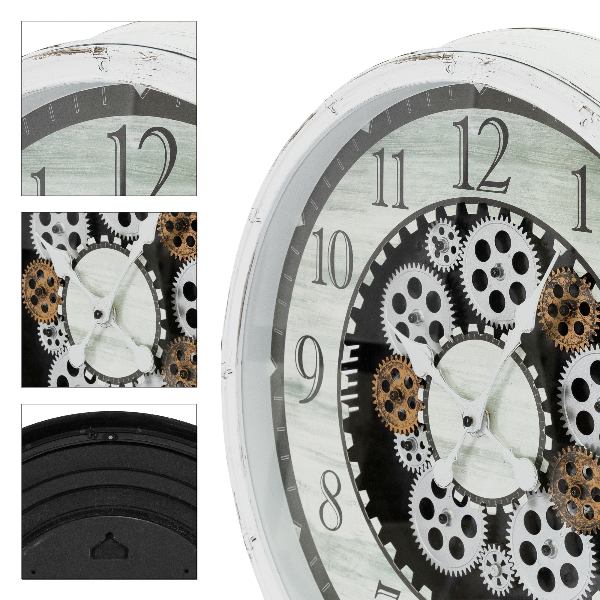 Reloj de pared con engranajes y grandes números sobre un fondo de madera.