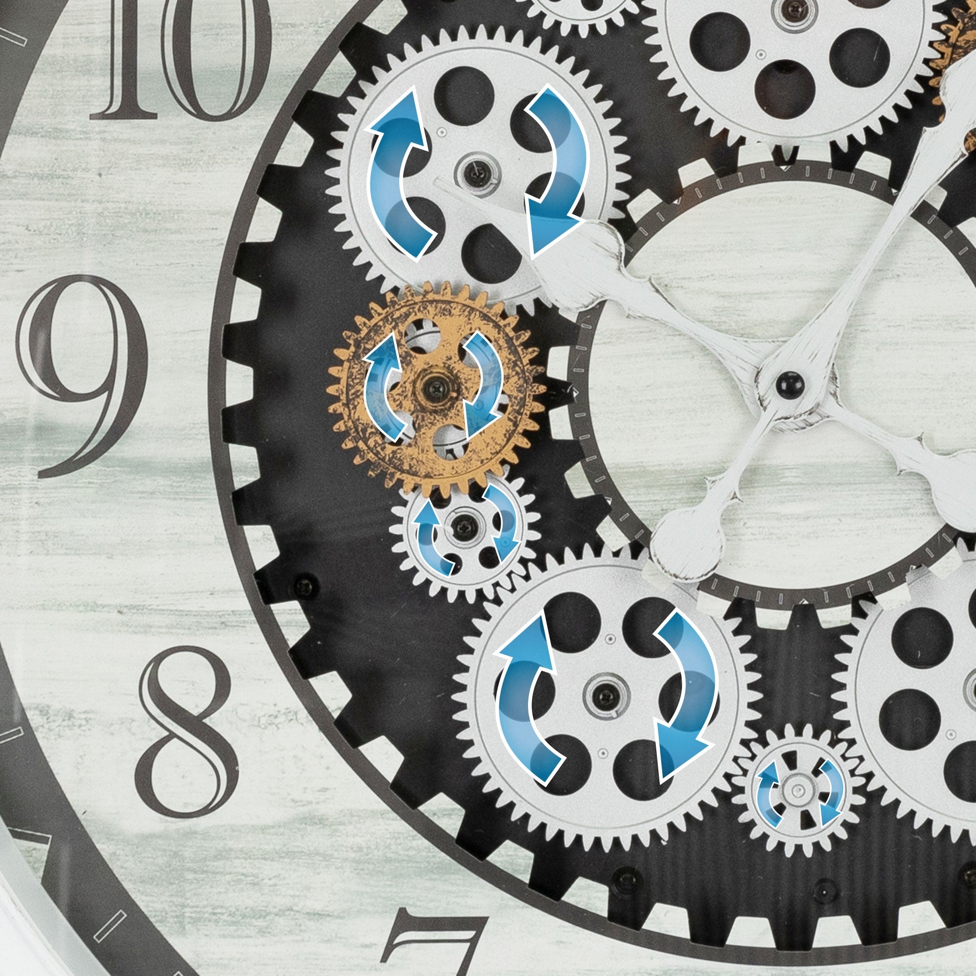 Una esfera de reloj de pared con engranajes y elementos azules.