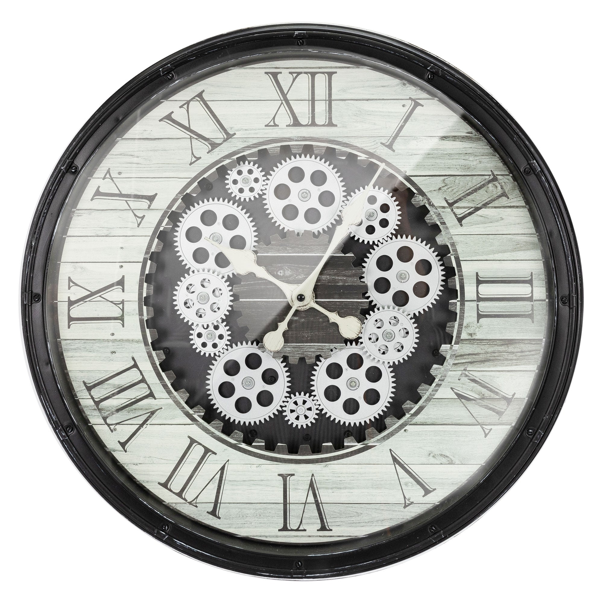 Wanduhr mit Zahnrädern und römischen Ziffern auf einem Holz-Hintergrund.
