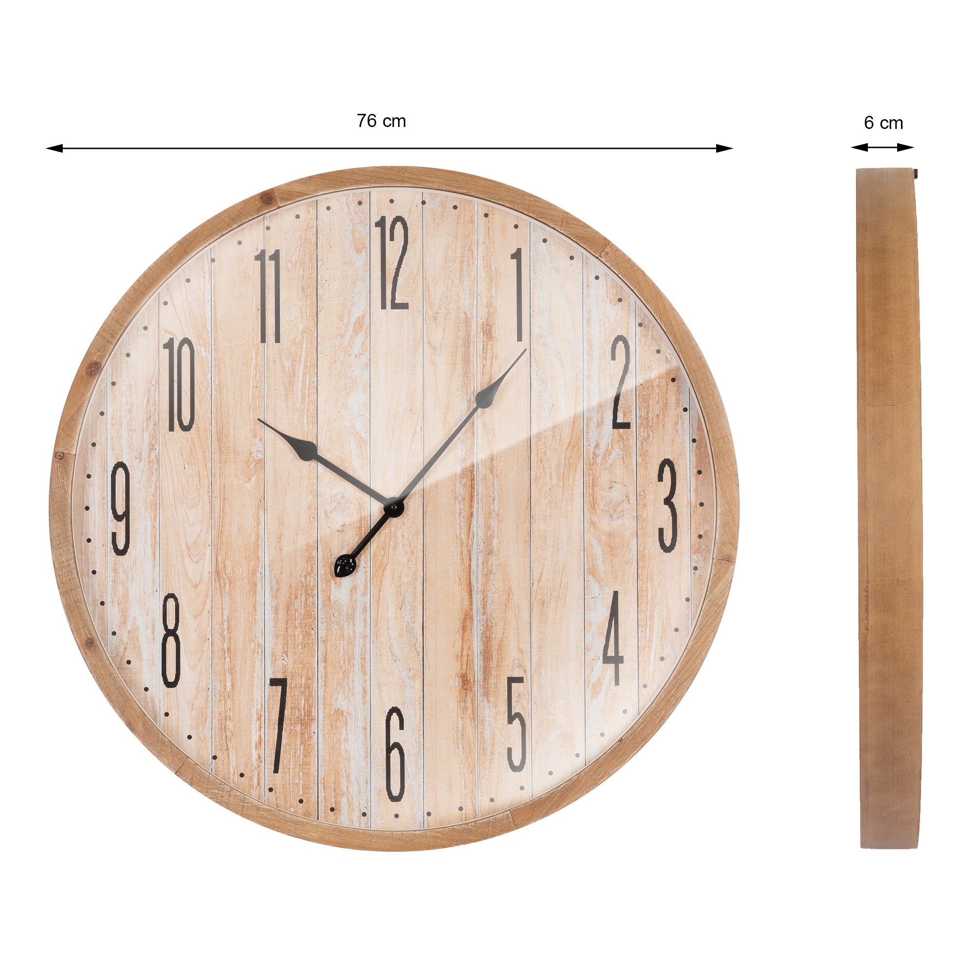 Runder Holz-Wanduhr mit großen Ziffern und Maßangaben.