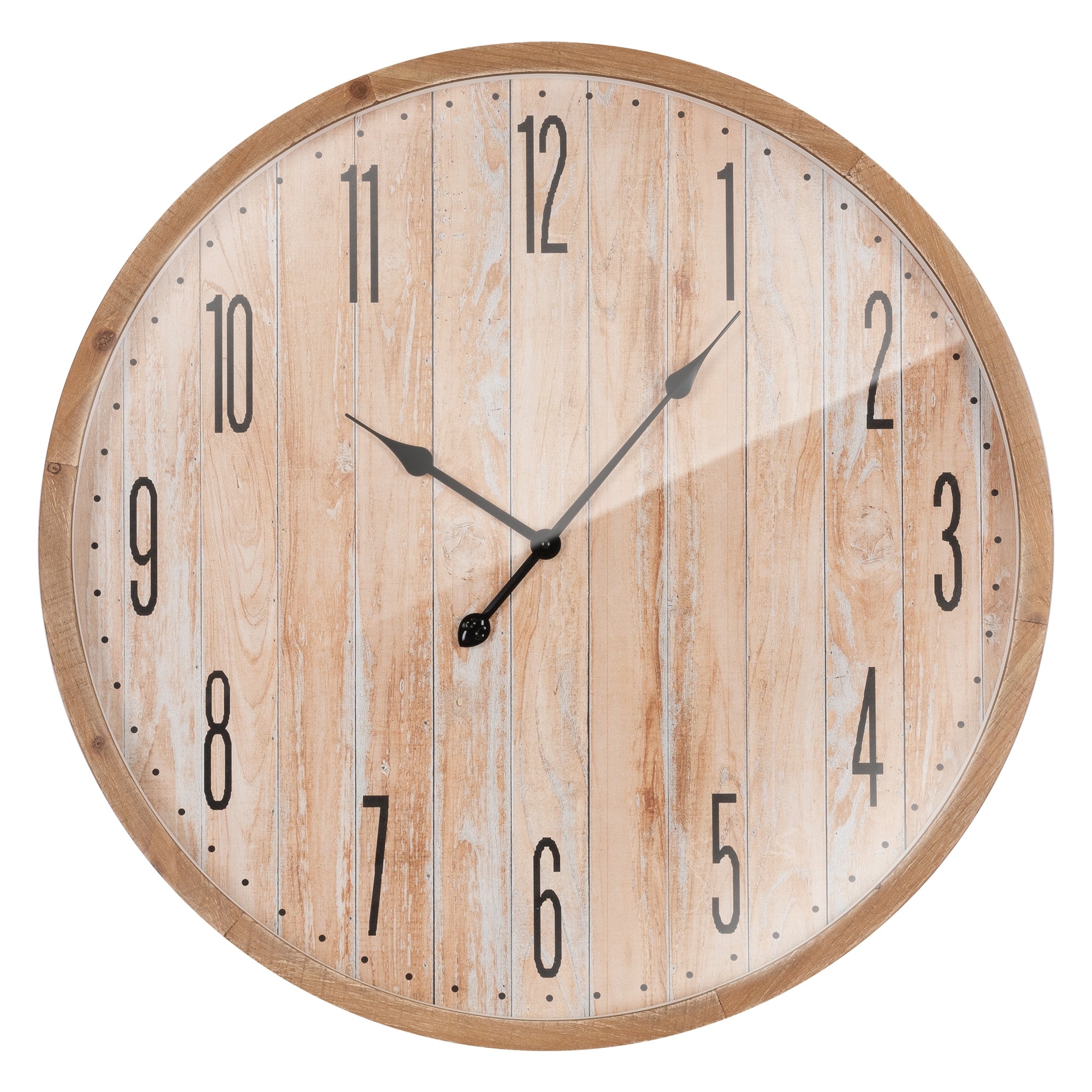 Eine runde Wanduhr mit Holzoptik und schwarzen Ziffern.