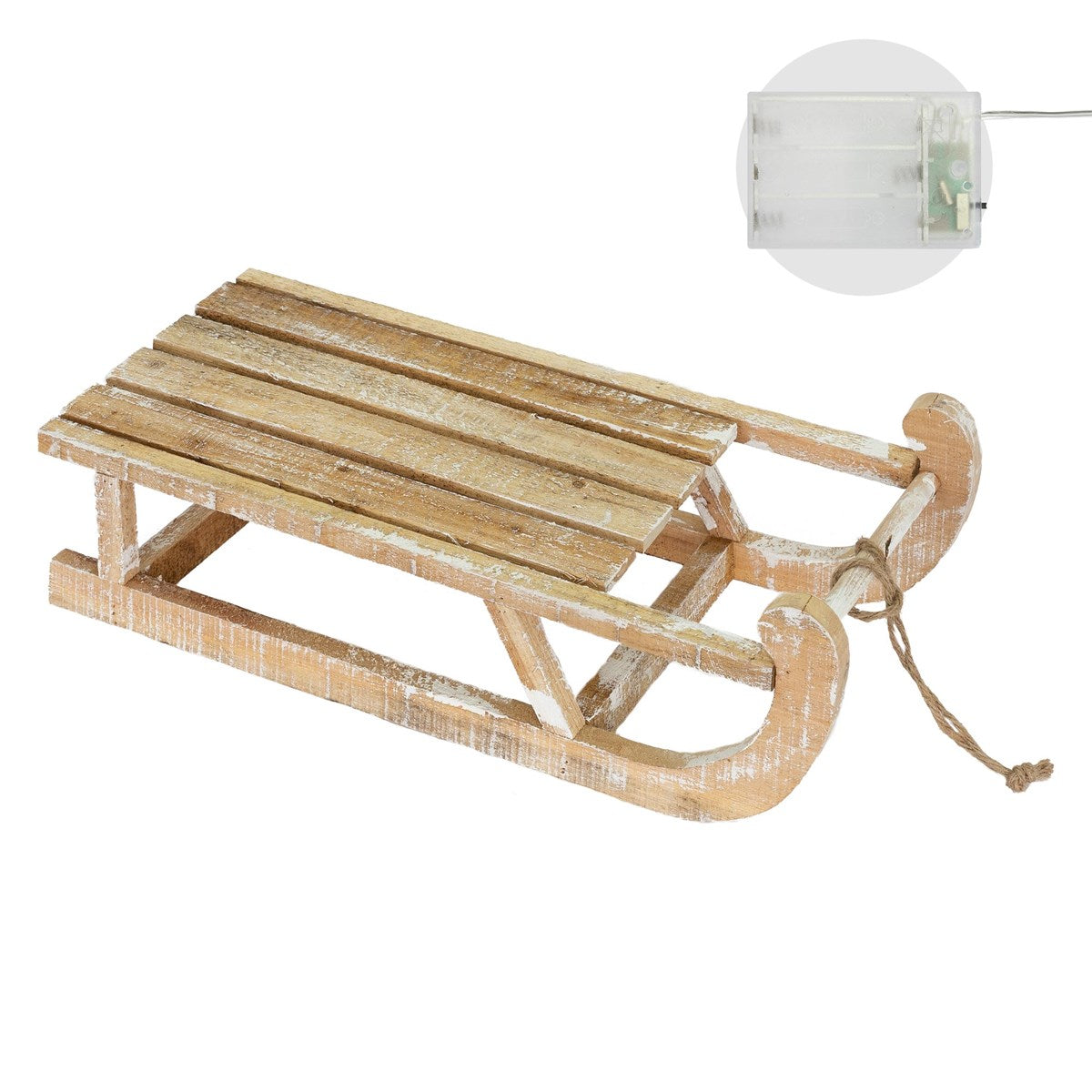 Holzschlitten mit Kufen und einer Schnur zum Ziehen, im Hintergrund ein transparentes Element.