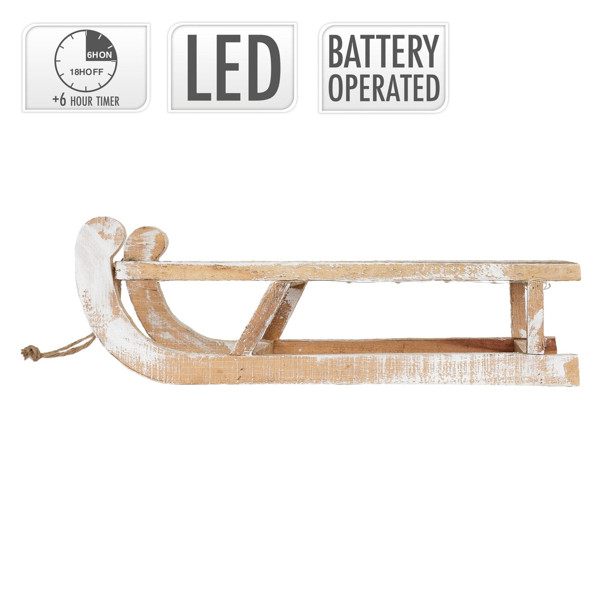 Vue latérale d'une luge en bois avec des indications de fonctionnement à LED et à batterie.