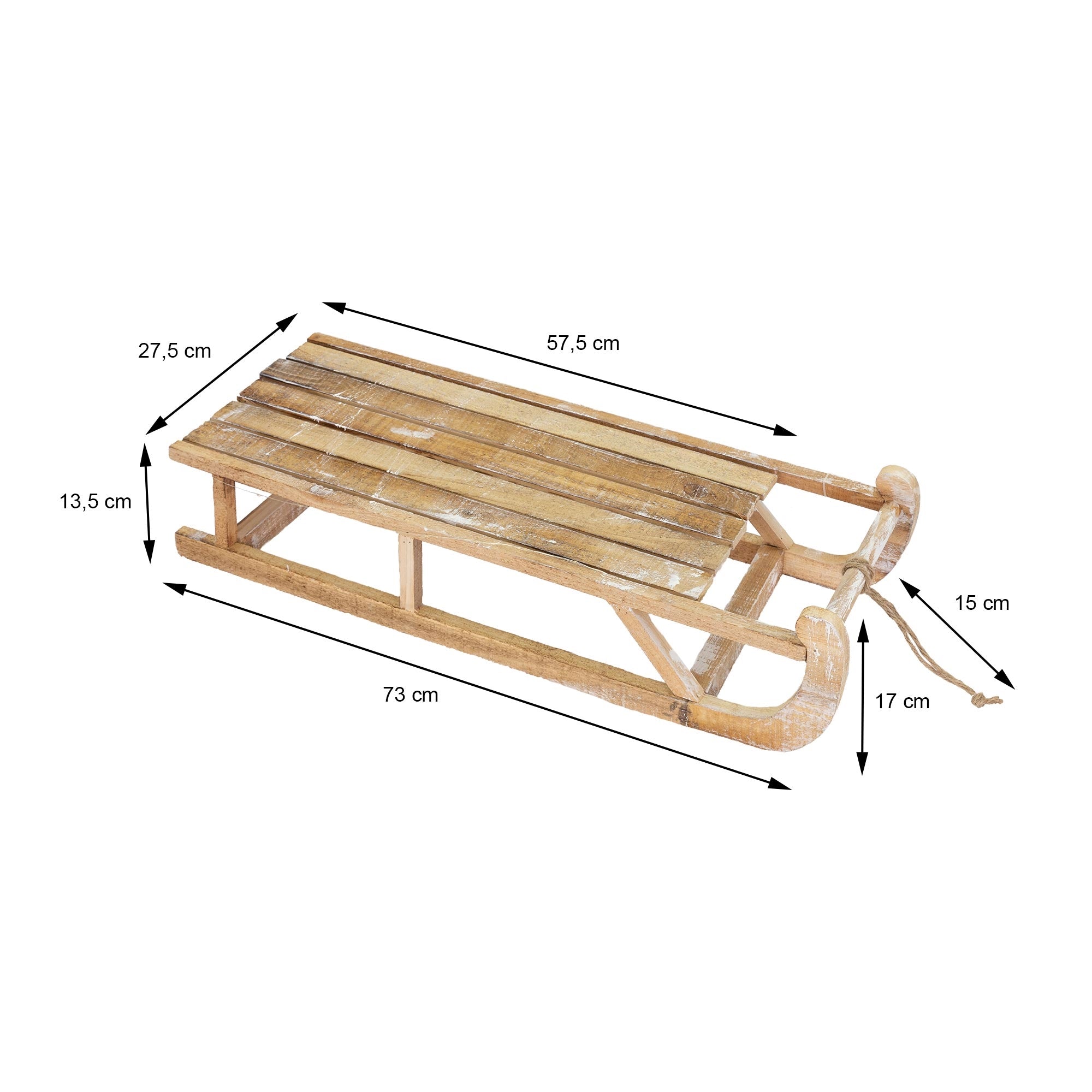 Luge en bois avec des dimensions, vue de côté.