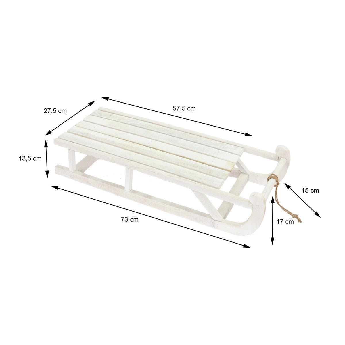 White sled with dimensions and CE marking on a white background.