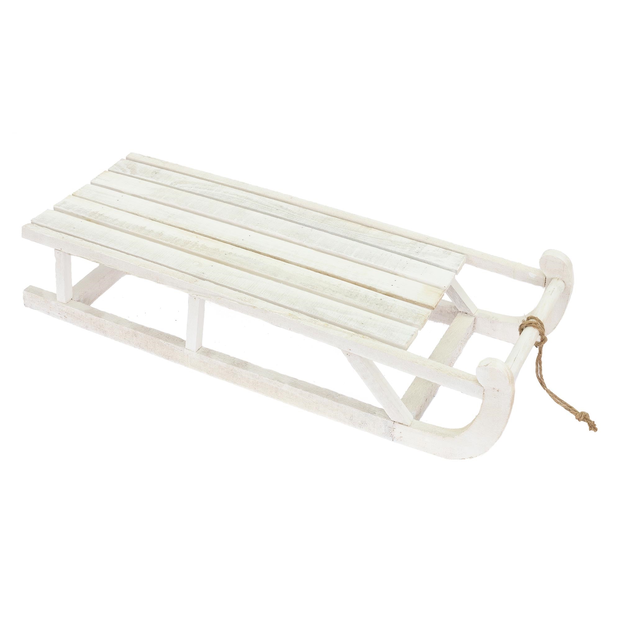 Luge blanche en bois avec des sièges droits et une ficelle.