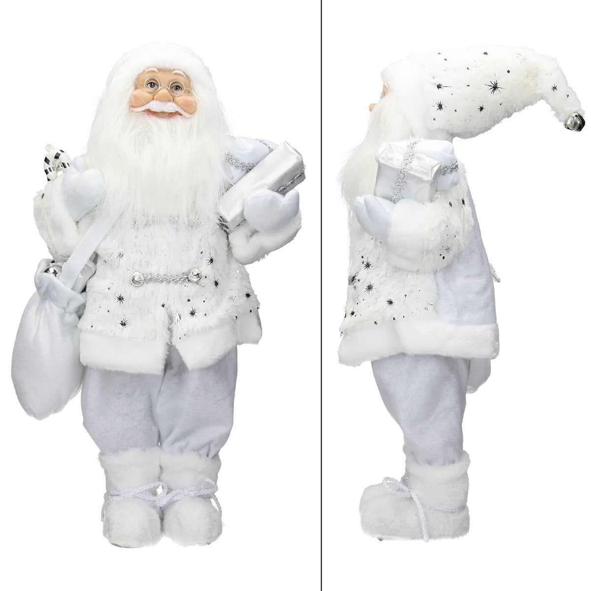 Santa Claus v bílém obleku s dárky, zobrazený zepředu a z boku.