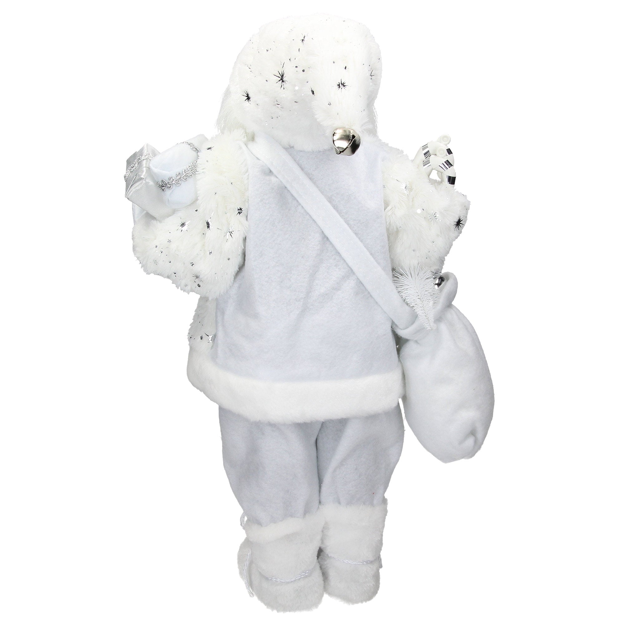 Ein weißer Bär mit Geschenken und einer Tasche, trägt einen weißen Anzug.