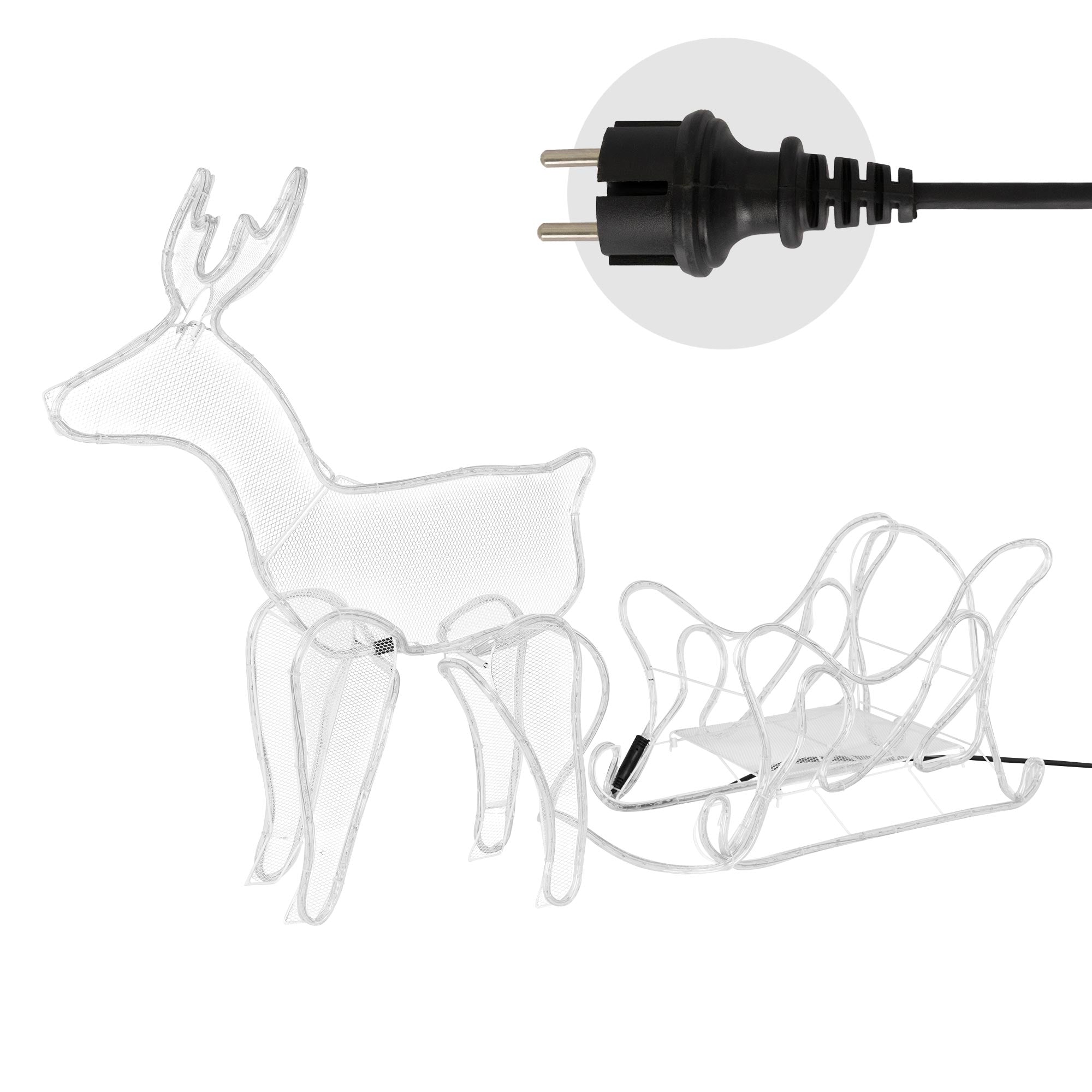 Ein Draht-Rentier mit Schlitten und Stecker.