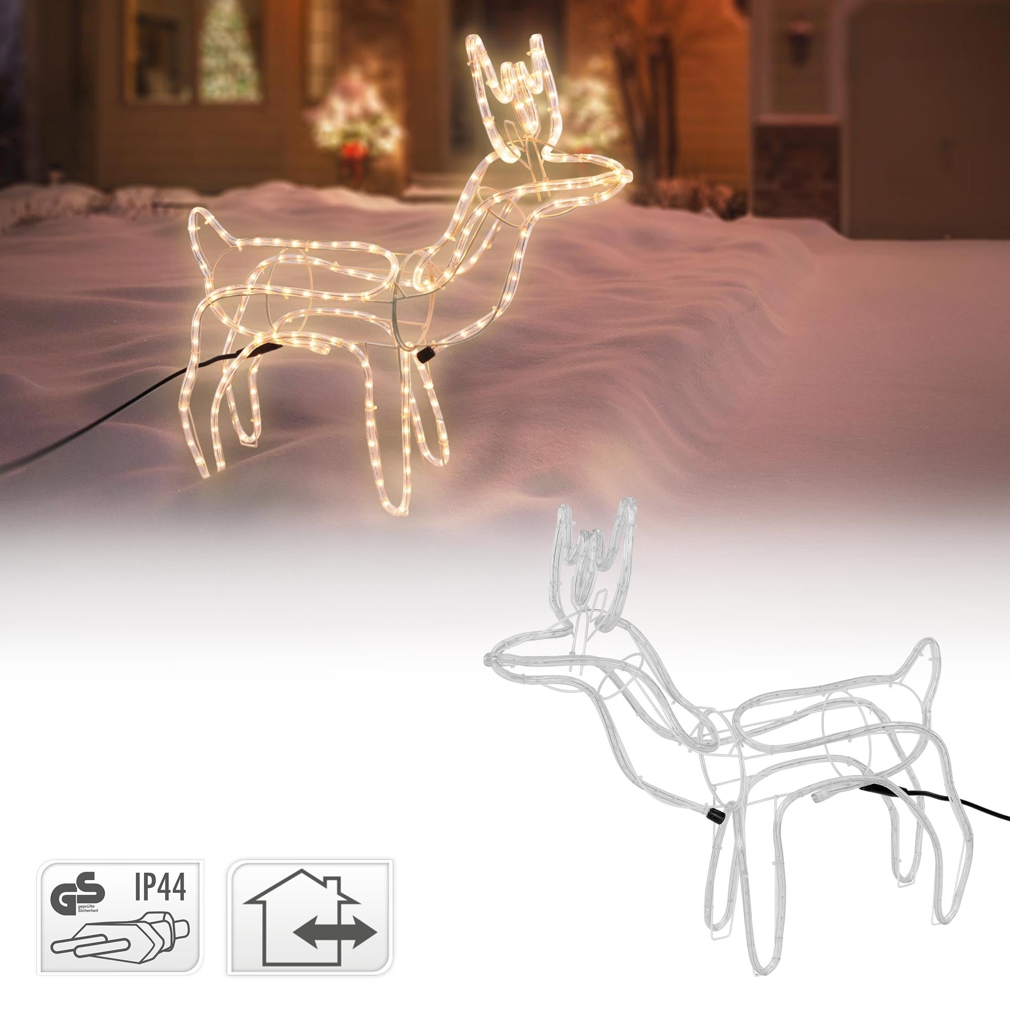 Renna luminosa in filo con decorazioni natalizie sullo sfondo.