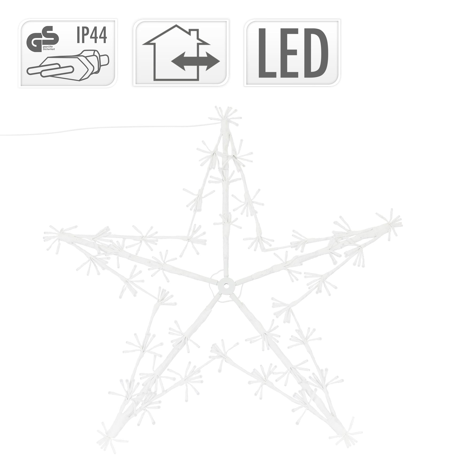 Bílý hvězdný rám s technickými symboly a LED upozorněním.