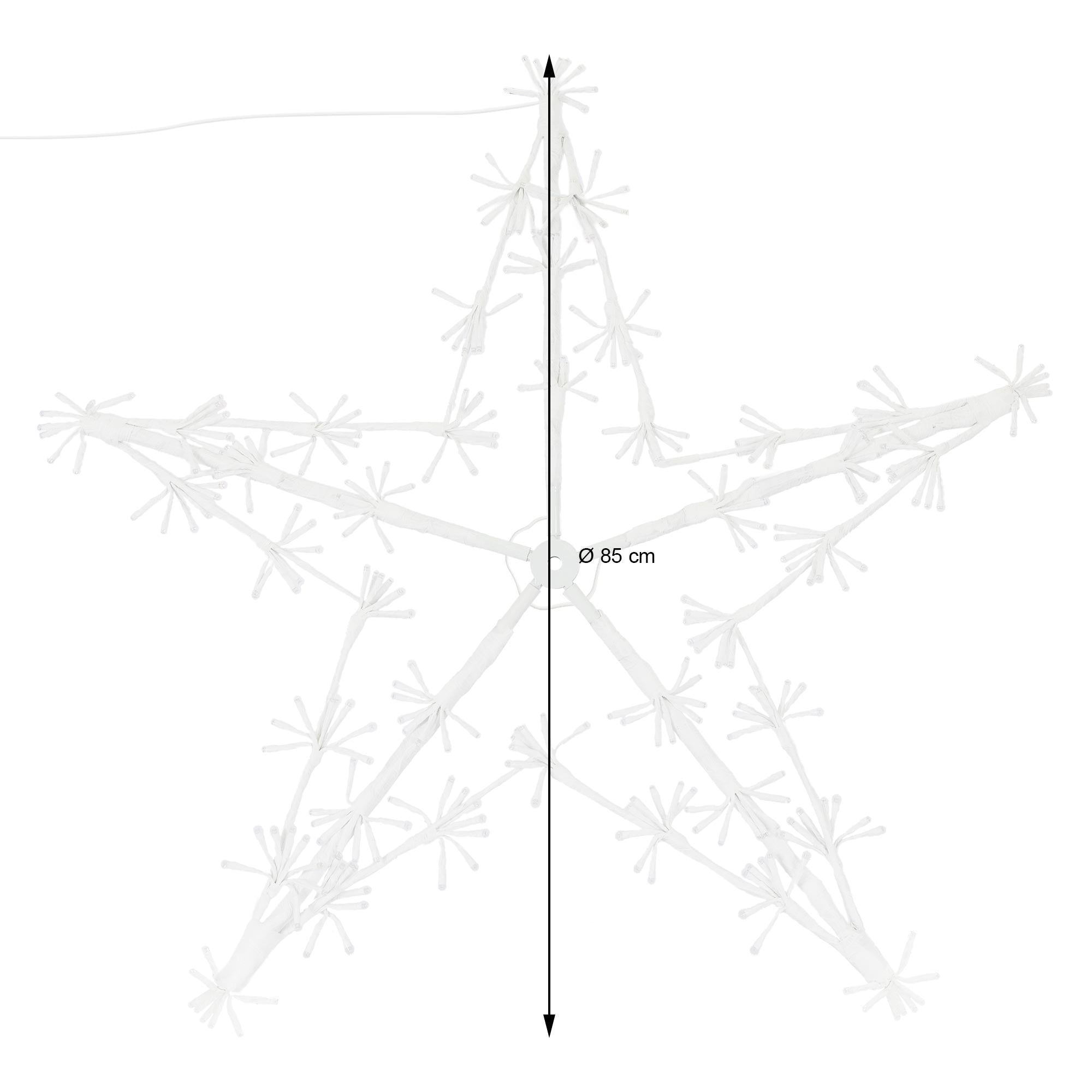 Velká bílá hvězda o průměru 85 cm, zdobená větvičkami.