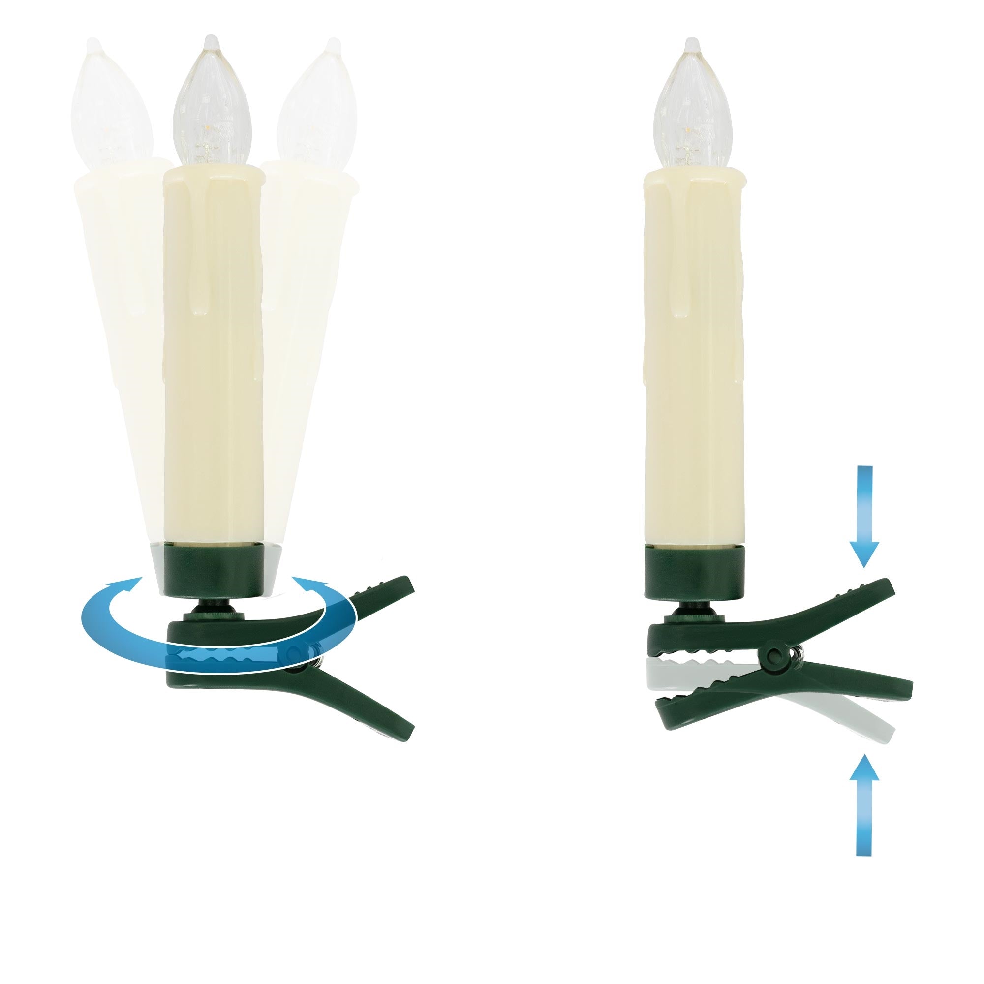Detail view of an LED candle with a rotating holder.