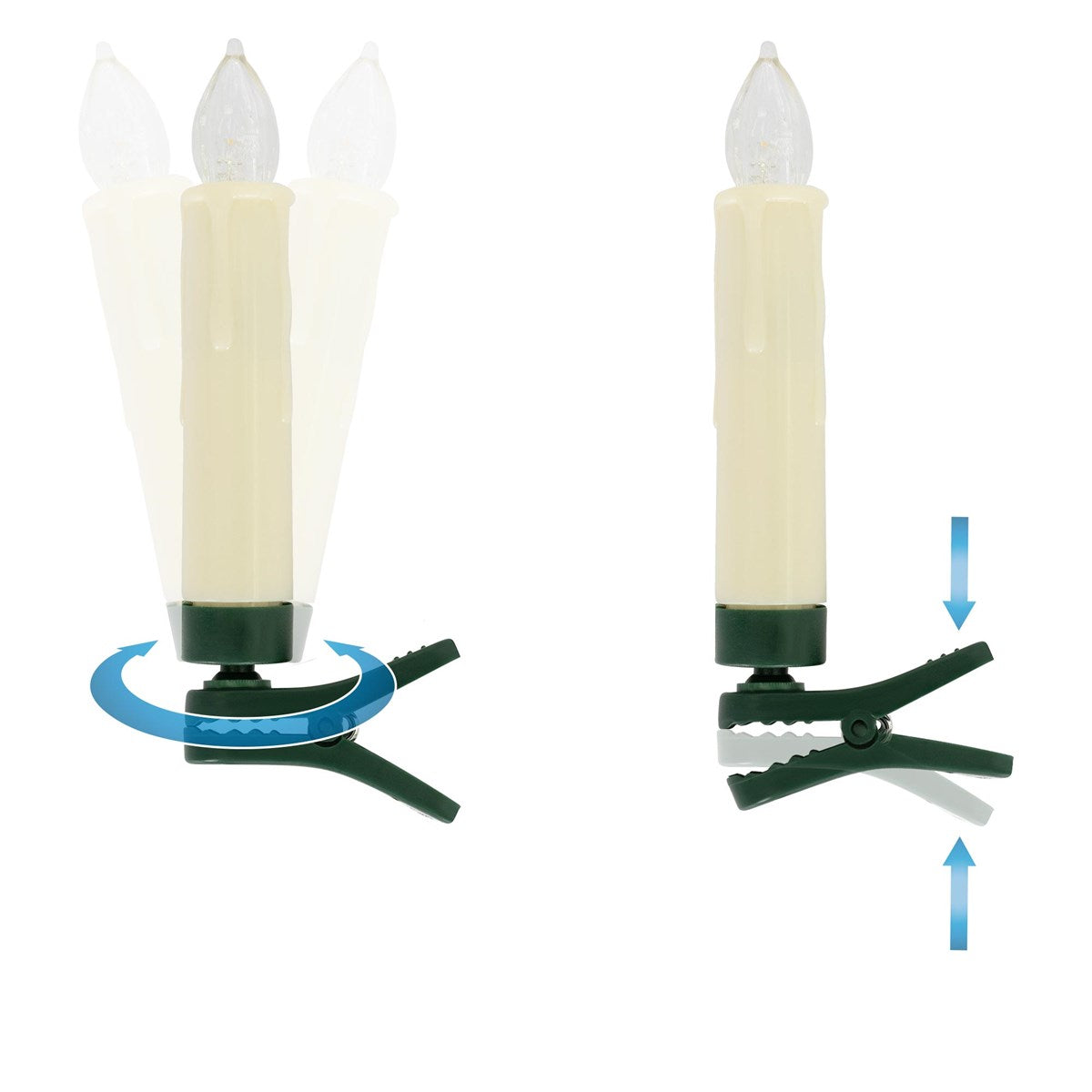 Vue détaillée d’une bougie LED avec un support rotatif.