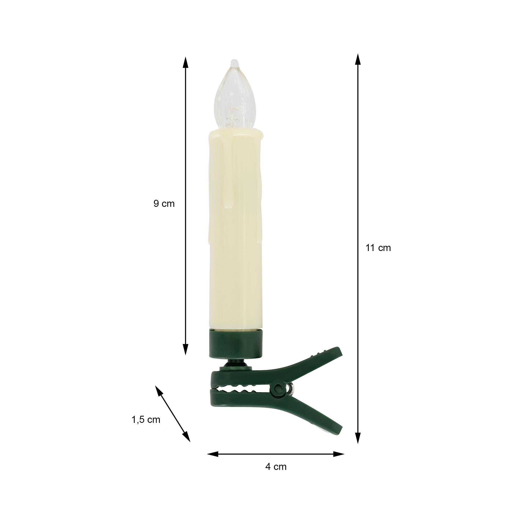 Candle with a clip, 9 cm high, on a white background.