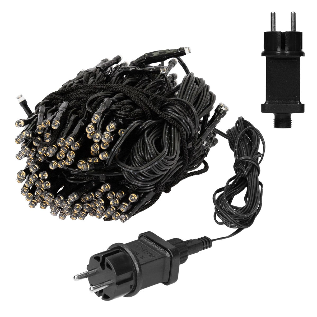 Ein Kabelbaum mit vielen Lichtern und einem Stecker.