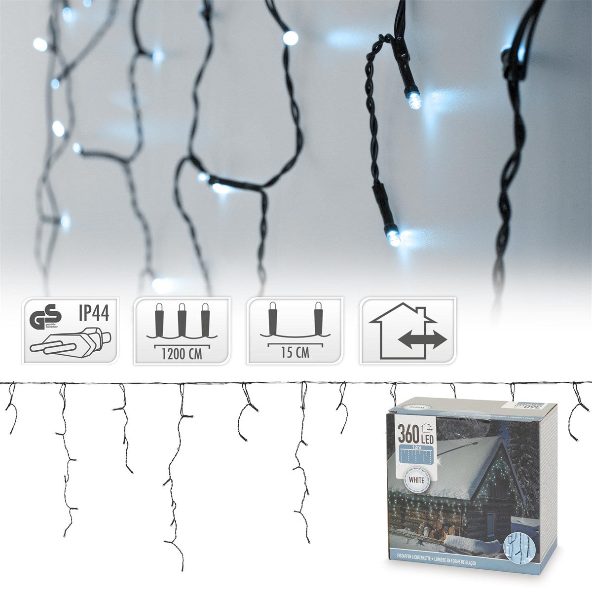 Lichterkette mit weißen LEDs an einer Wand, Verpackung im Vordergrund.
