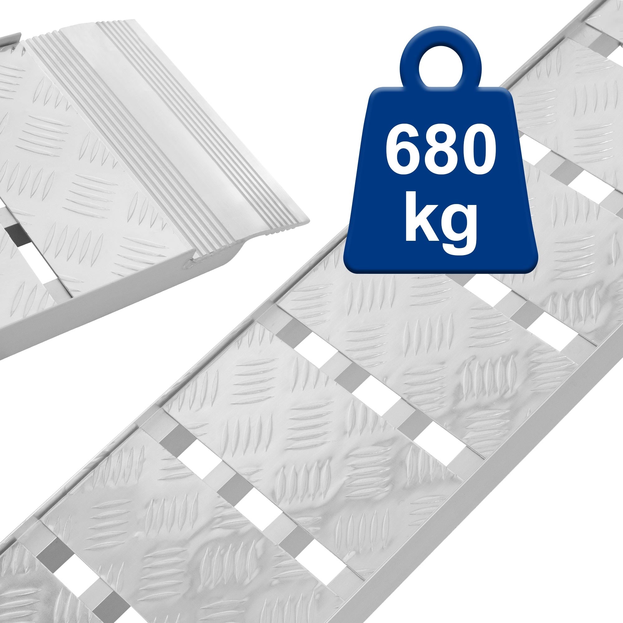 Aluminiumrampe mit rutschfester Oberfläche und Tragkraft von 680 kg.