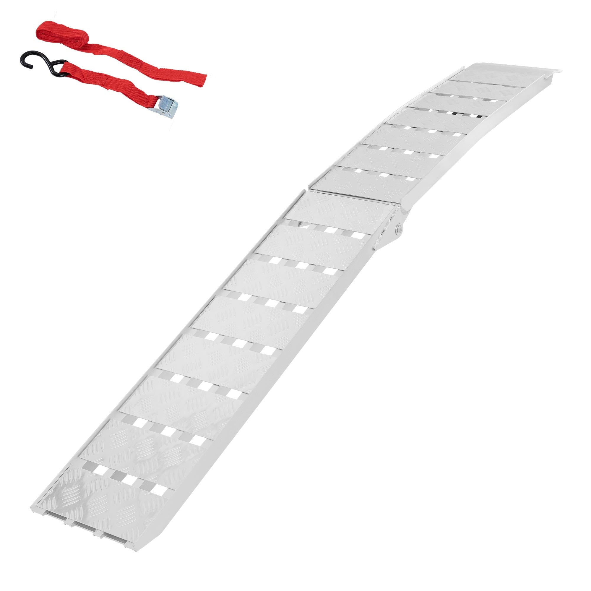 Aluminium-Rampe mit rutschfester Oberfläche und zwei roten Gurten.