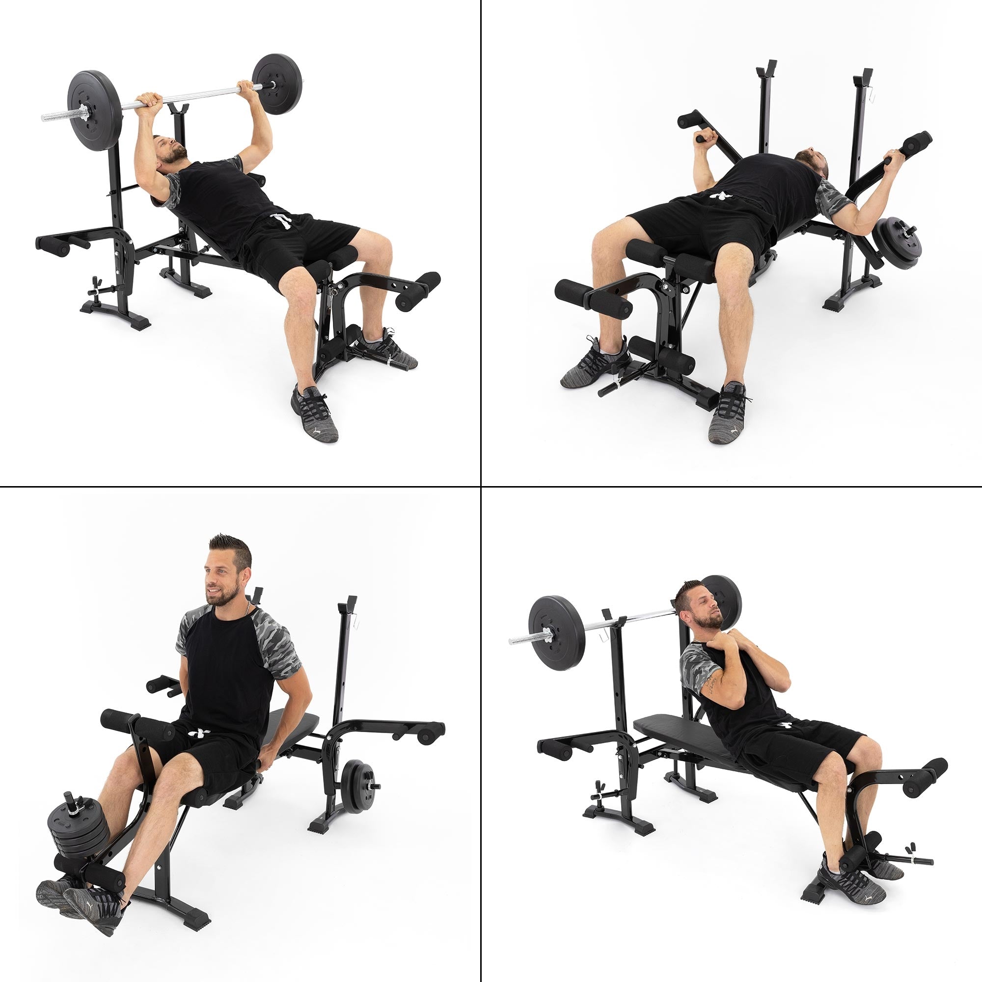 Mann trainiert an einer Fitnessbank mit Gewichten.