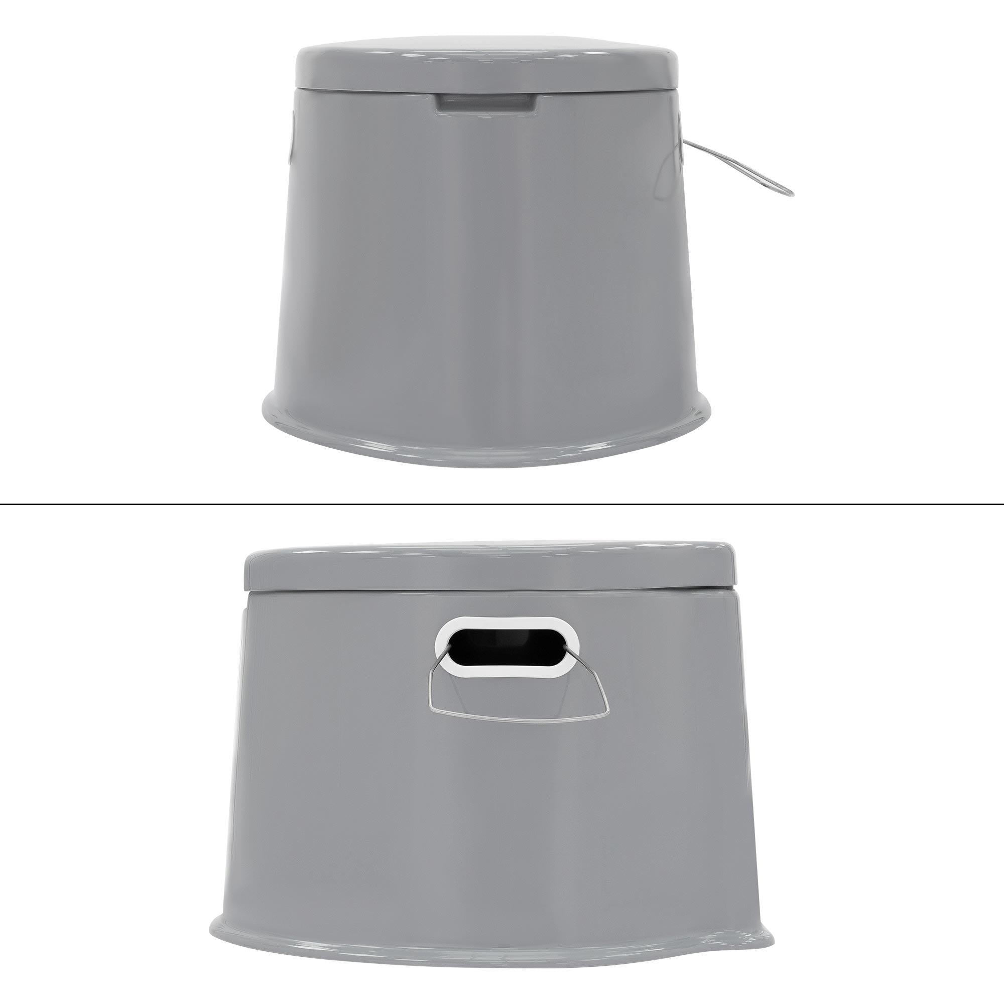Šedý kontejner s víkem a rukojetí.