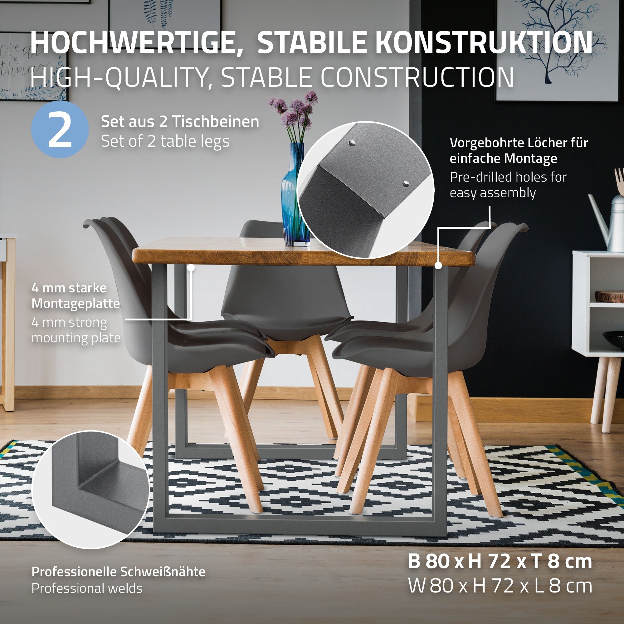 Tisch mit grauen Tischbeinen und Stühlen in einem modernen Essbereich.