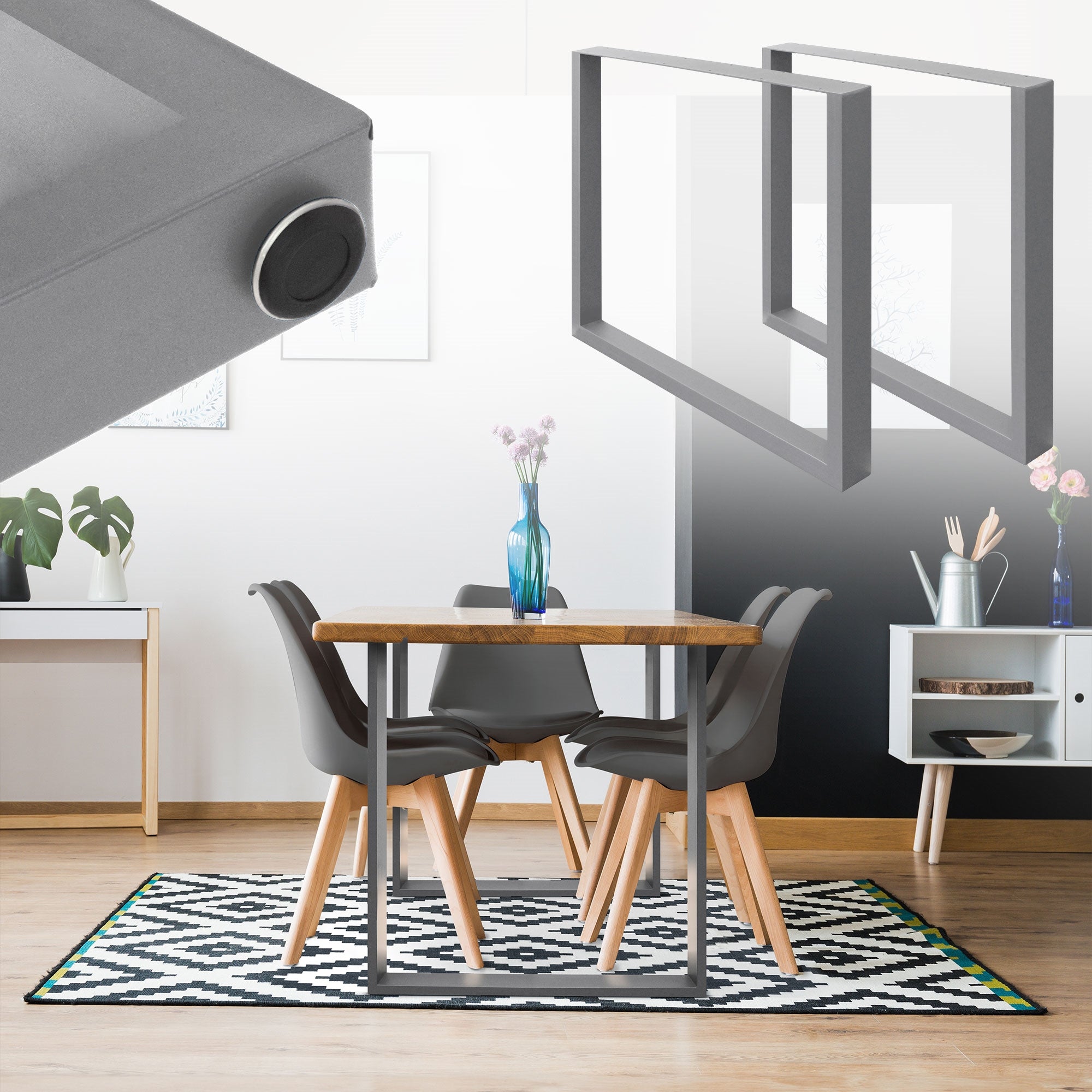 Une table à manger avec quatre chaises, un vase et des images au mur.