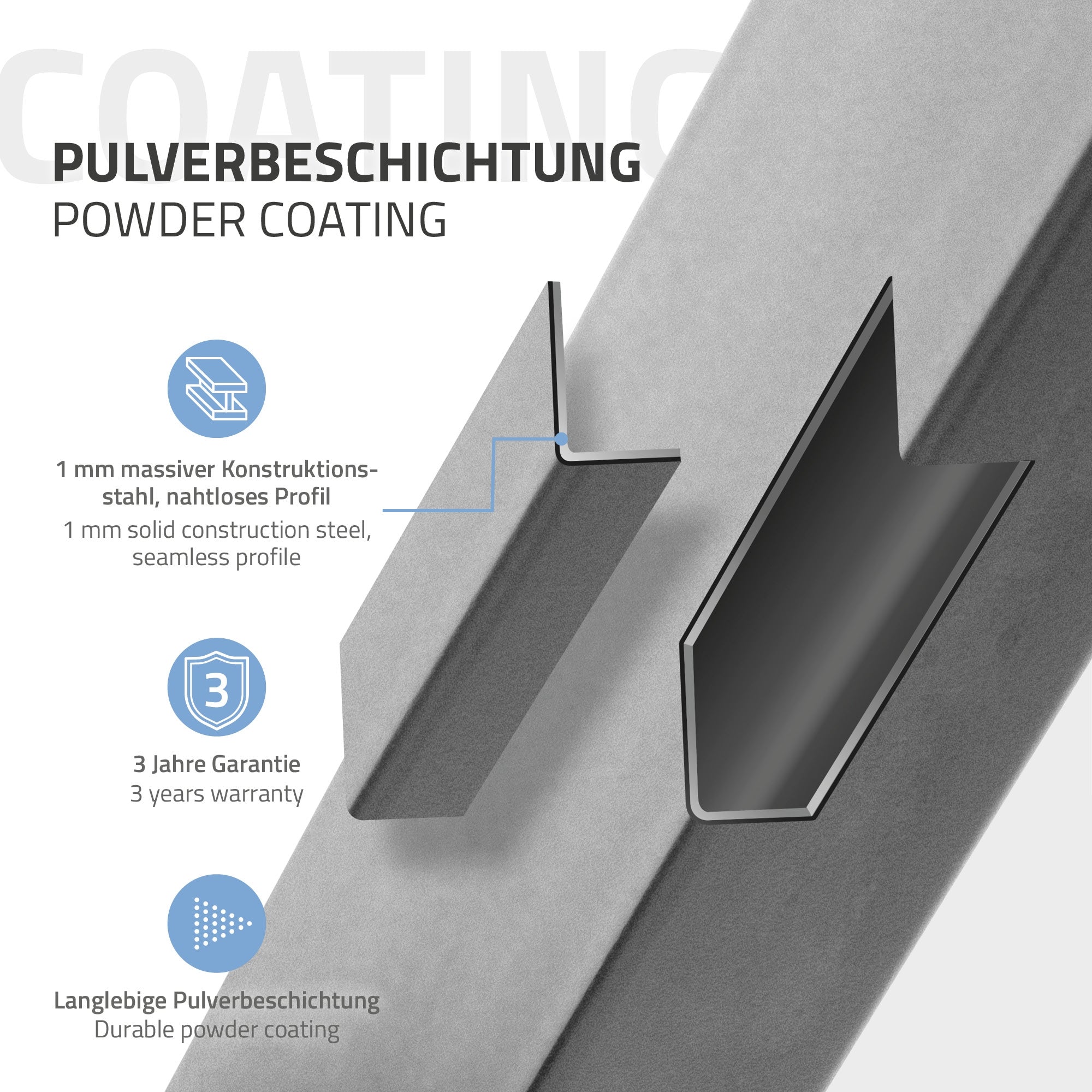 Detailansicht einer pulverbeschichteten Metalloberfläche.