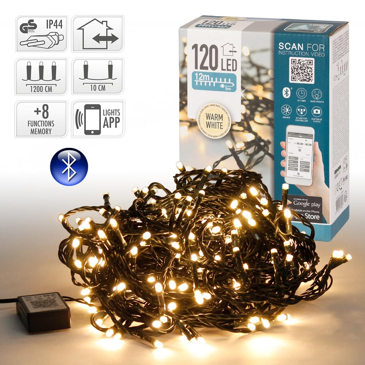 String of lights with 120 warm white LEDs on black cable, packaging in the background.