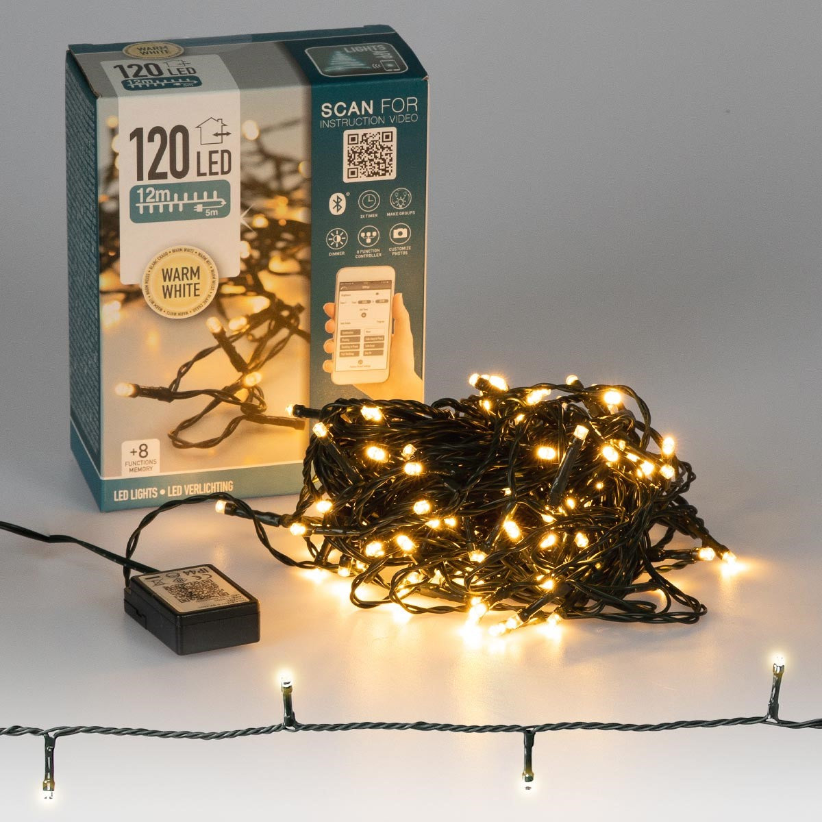 Ambalaj cu instalație luminoasă cu LED-uri, alb cald, 120 de LED-uri, 12 metri, pe fundal alb.