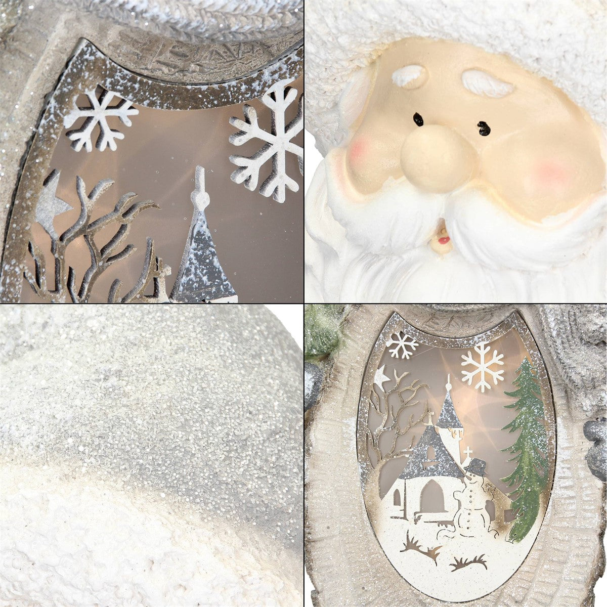 Nahaufnahme des Schneemanns mit Details von Schnee und winterlicher Landschaft.