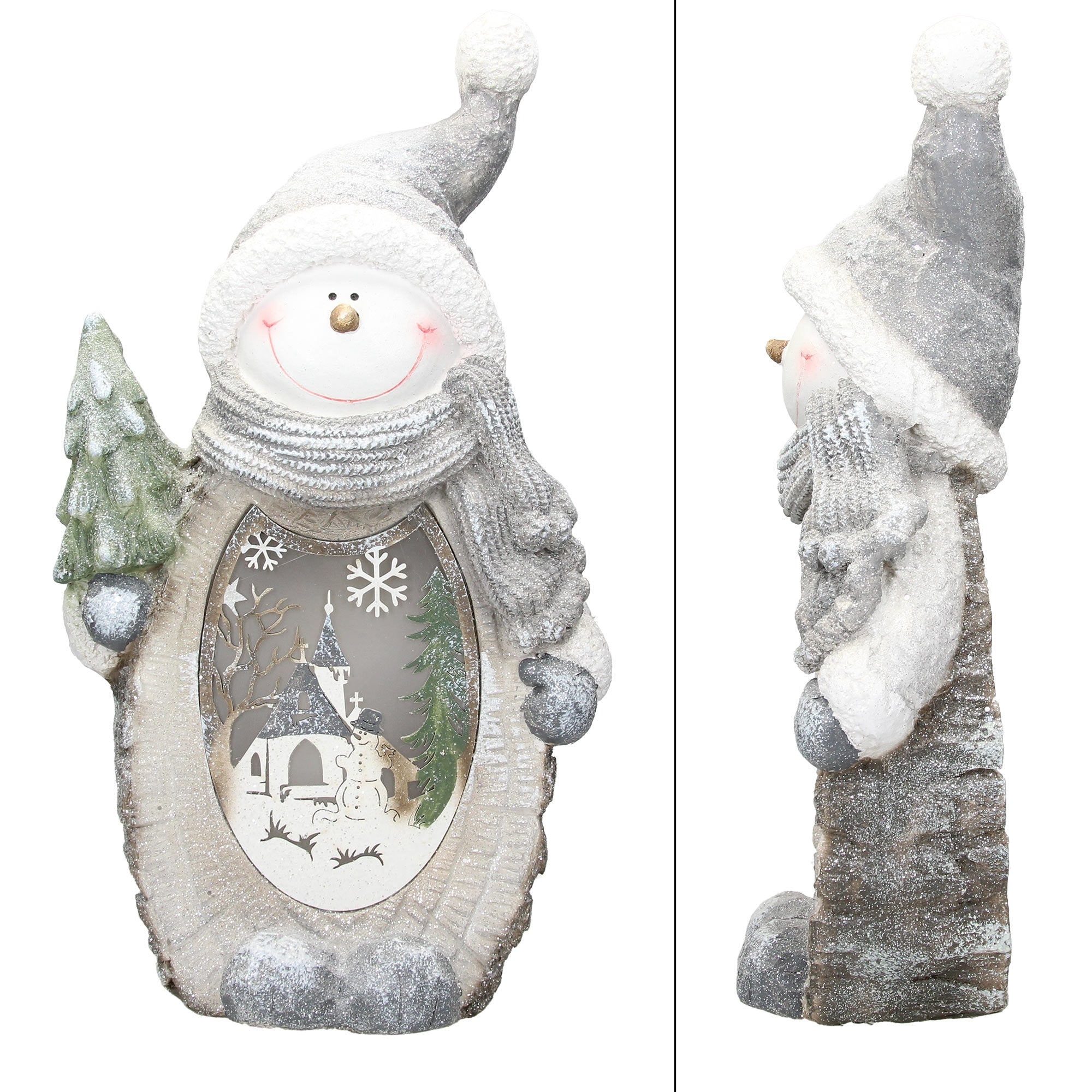 Dekorativer Schneemann mit Baum und winterlicher Szene im Inneren.