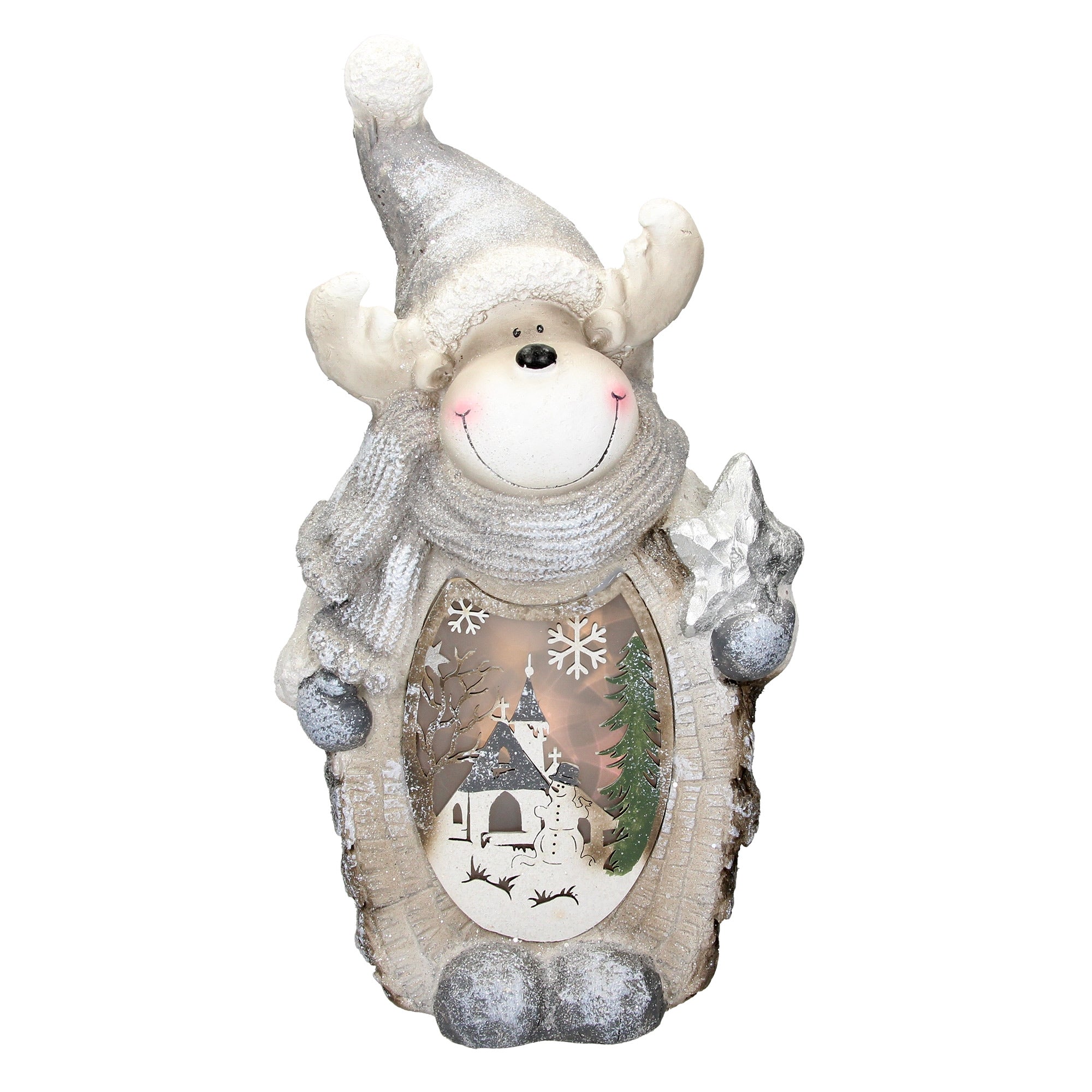 Dekorative Figur eines fröhlichen Rentiers mit Schal und Mütze, hält einen Stern.