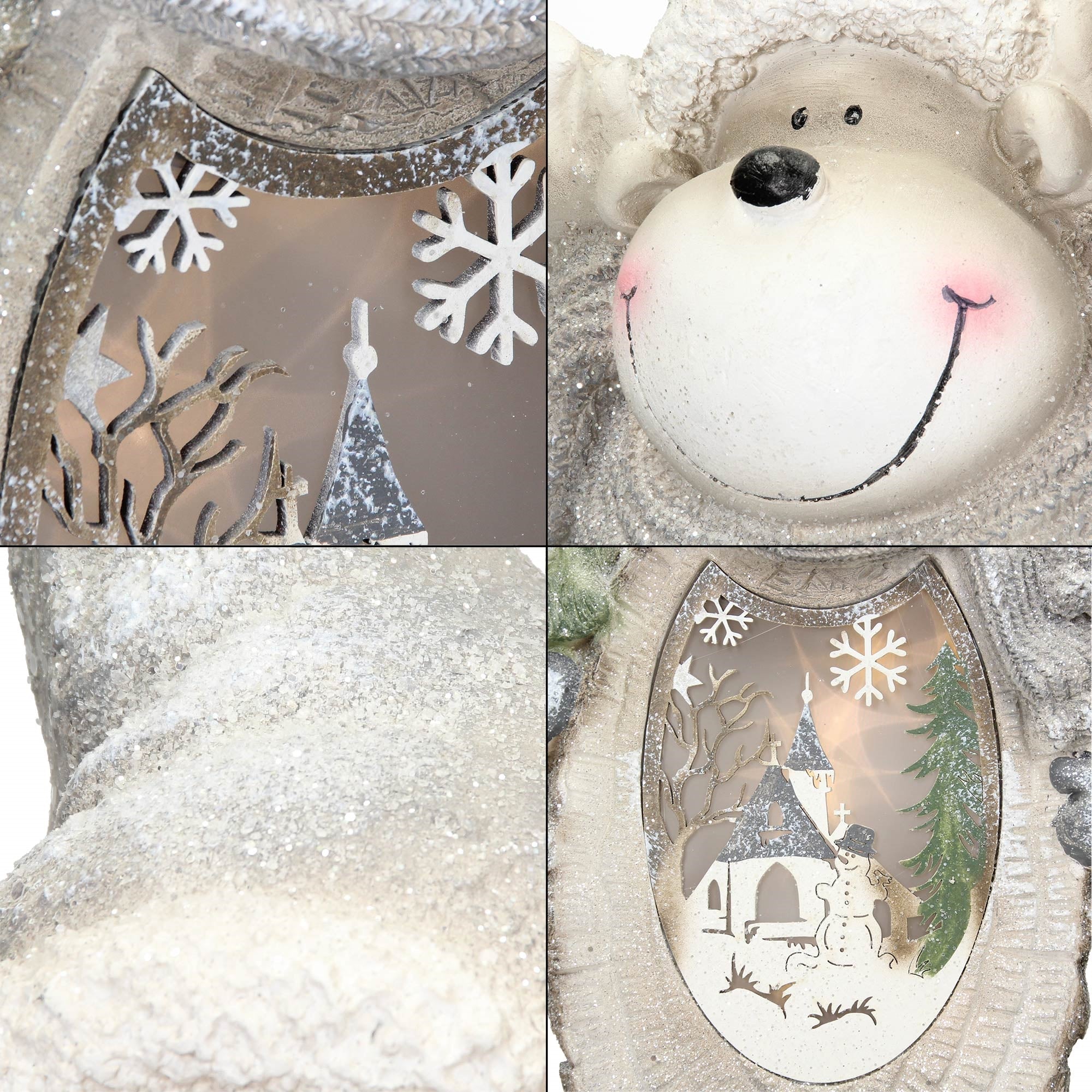 Detailansicht einer Laterne mit Schneeflocken und winterlicher Dekoration.
