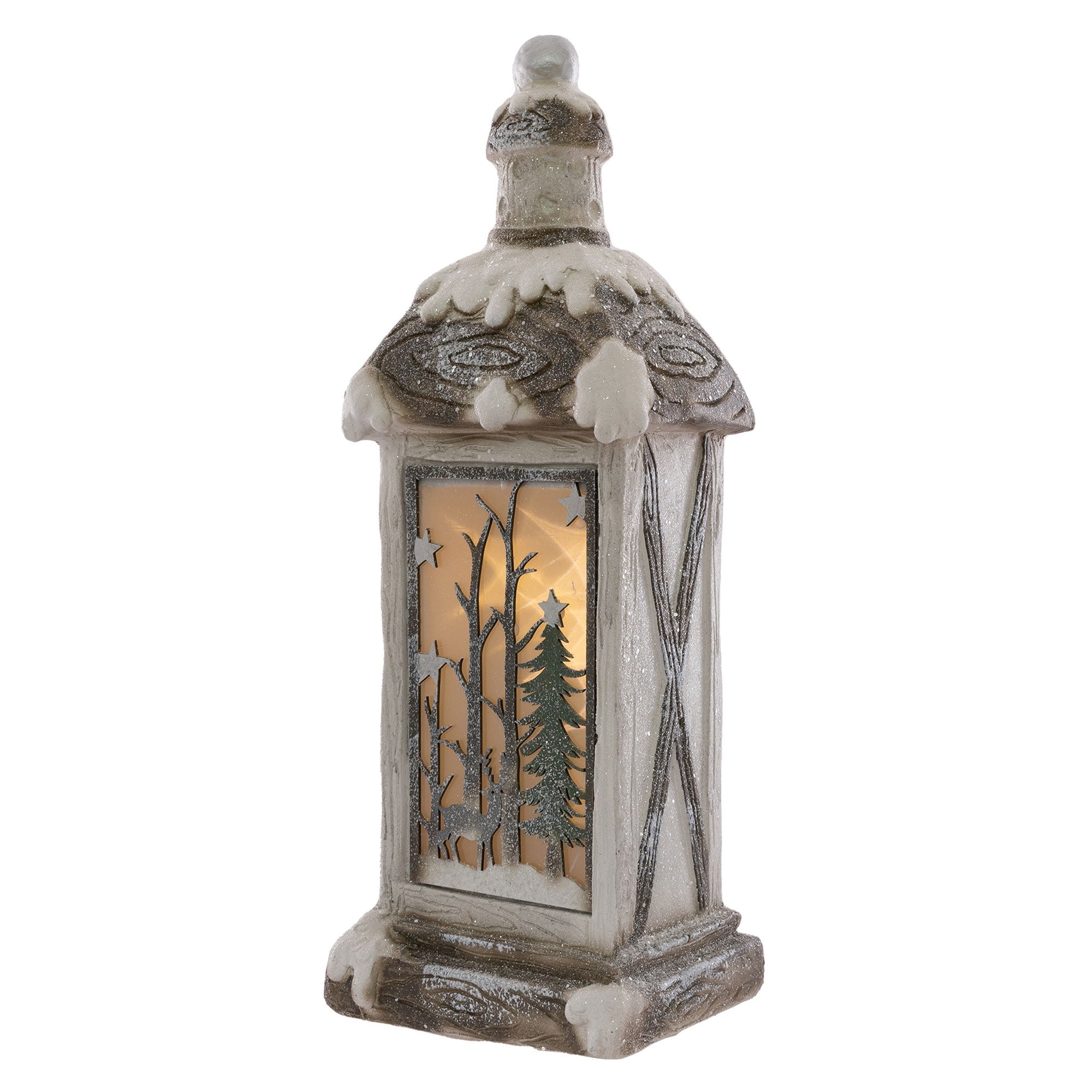 Dekorative Laterne mit winterlichem Design und beleuchtetem Innenraum.