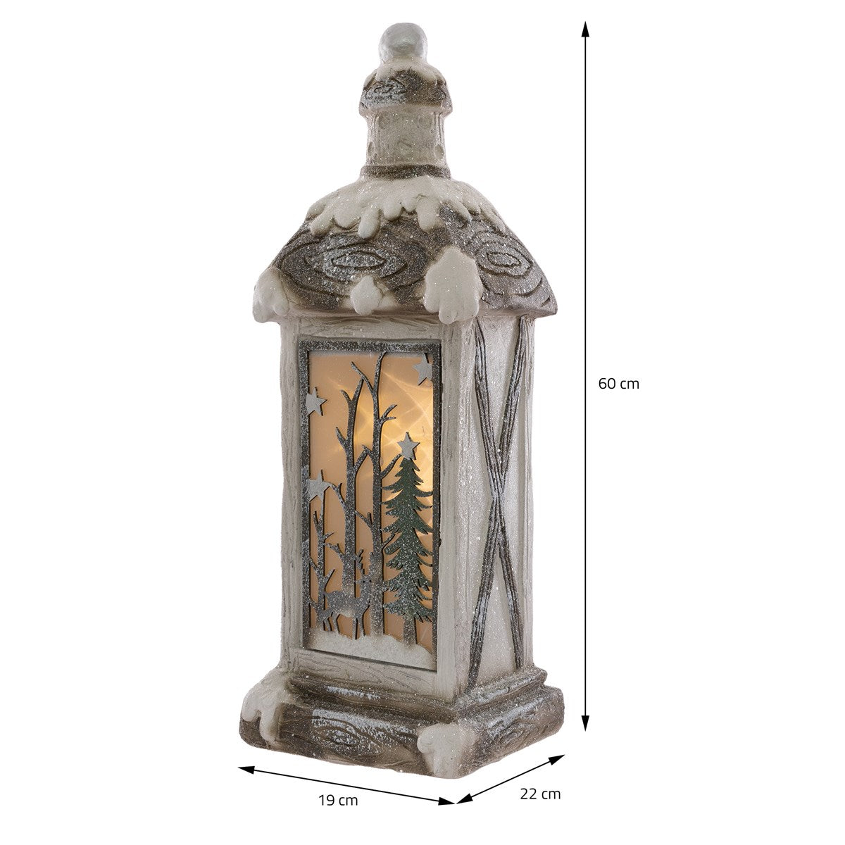 Lanterna decorativa con dimensioni e design invernale.