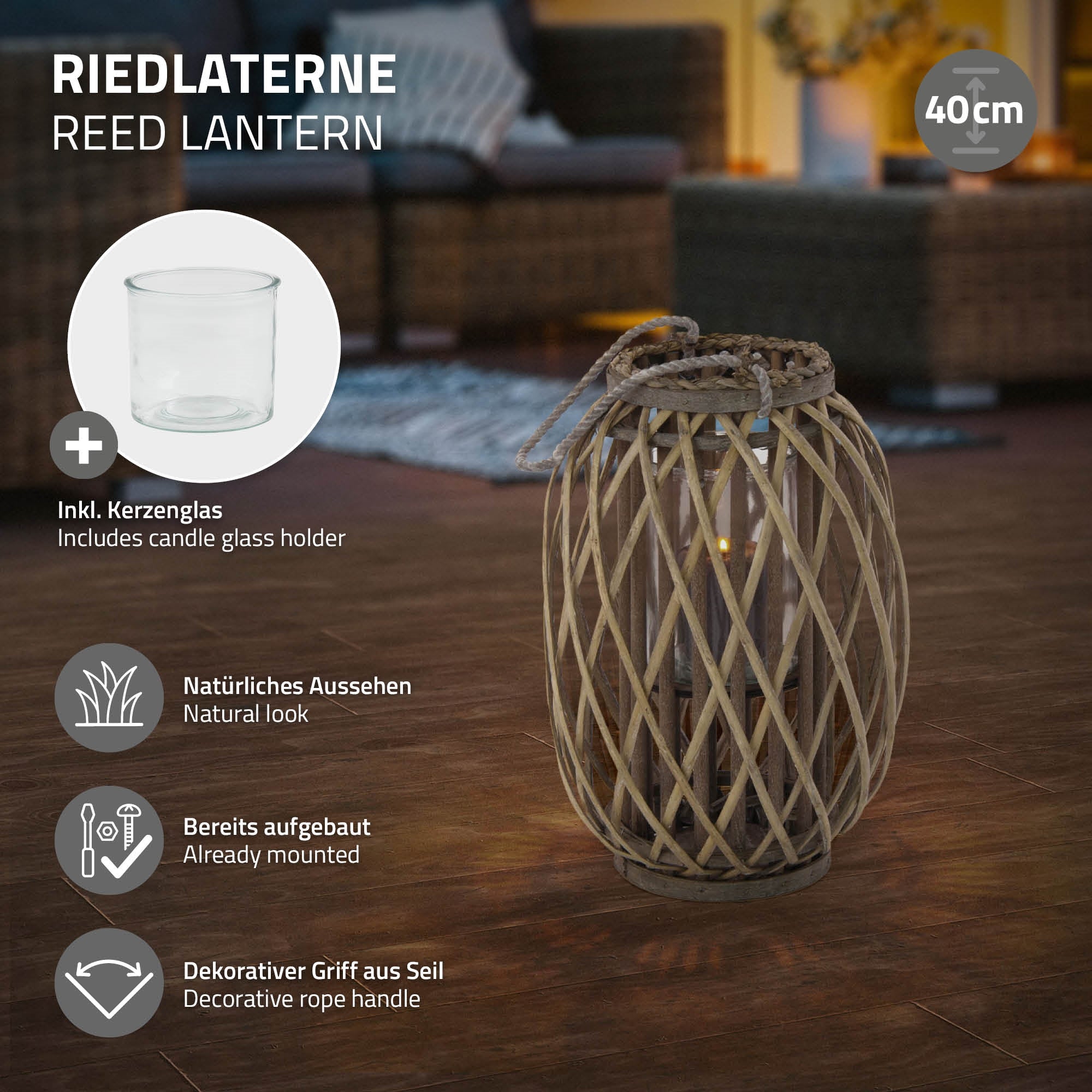 Riedlaterne mit natürlichem Aussehen, bereits montiert und mit Seilgriff.