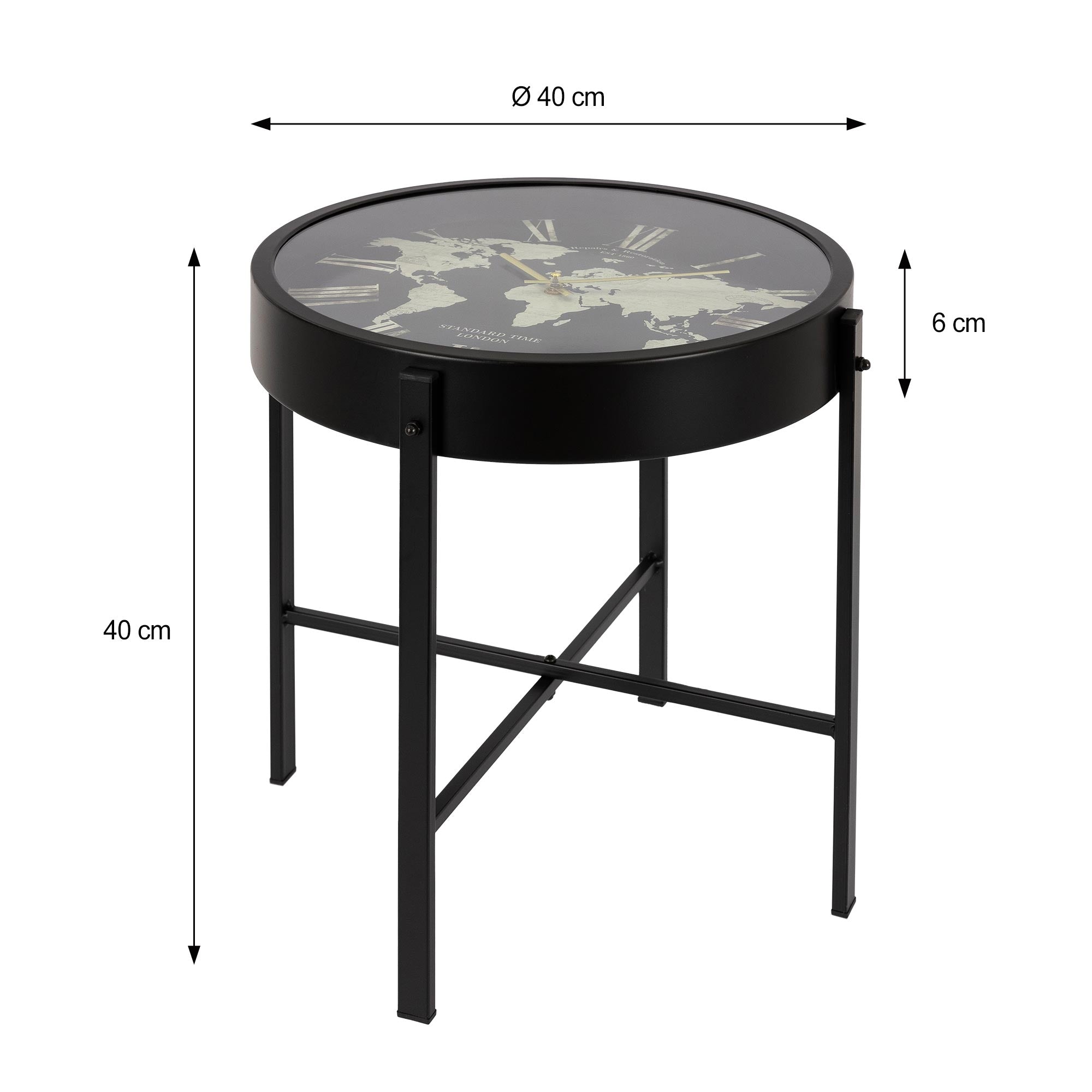 Schwarzer Beistelltisch mit runder Glasplatte, Durchmesser 40 cm, Höhe 40 cm.
