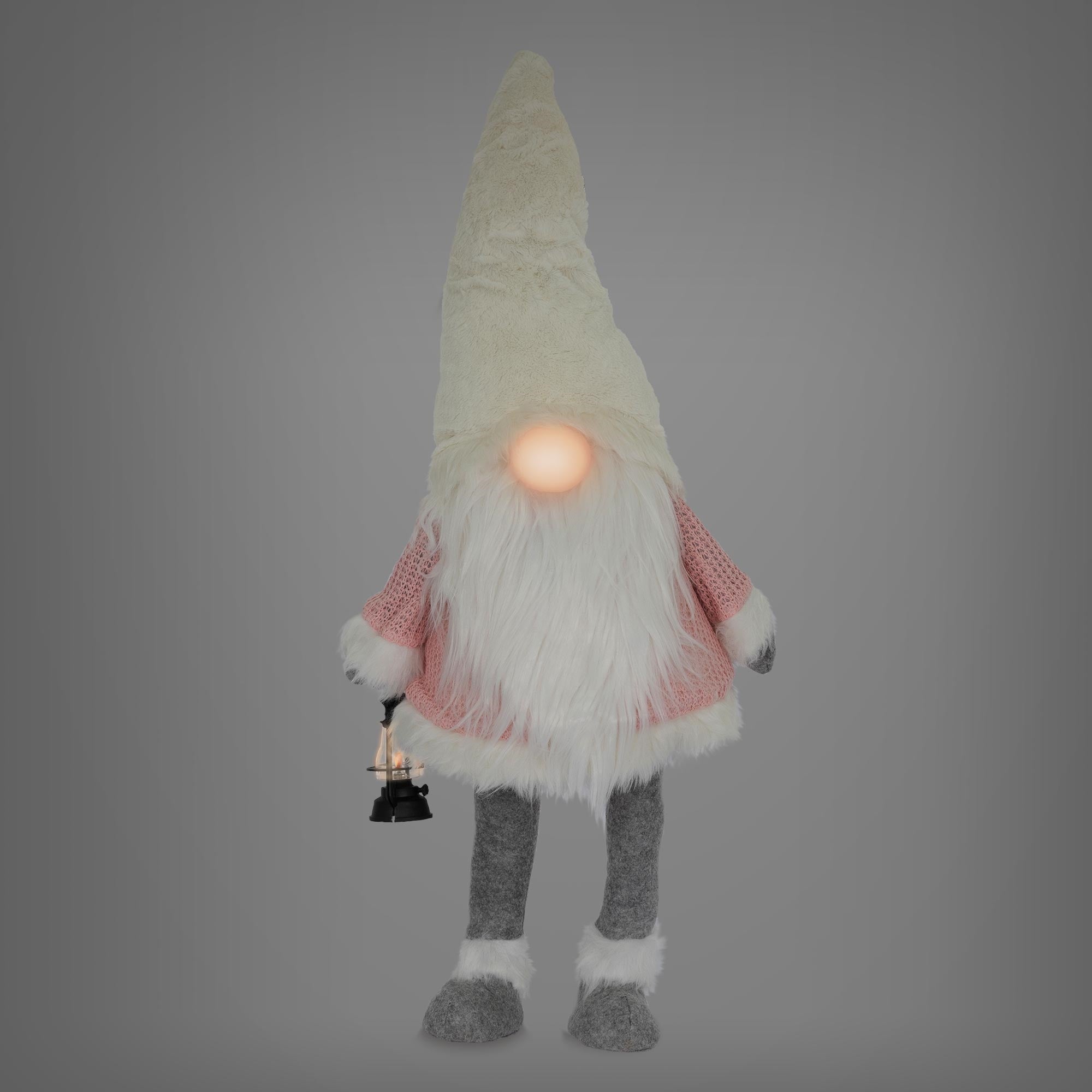 Plushfigur af en gnom med hvidt skæg og lanterne.