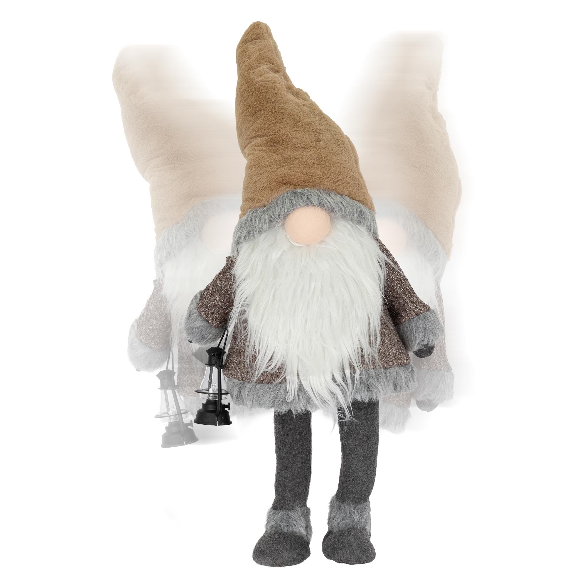 Ein Gnom mit braunem Hut, grauem Bart und einer Laterne in der Hand.